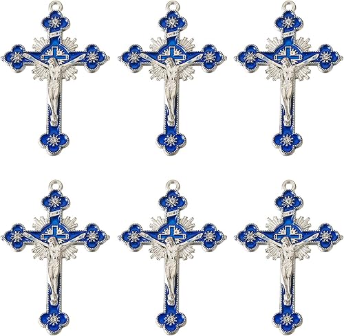 FASHEWELRY Colgantes de esmalte de cruz de aleación de 10 piezas Crucifijo Cruz colgante de esmalte azul Jesús colgantes para rosario collar joyería