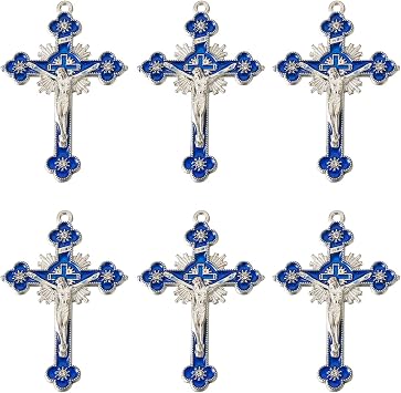 FASHEWELRY 10Ps Alloy Cross Enamel Charms Crucifix Cross Pendant Blue Enamel Jesus Pendants for Rosary Necklace Jewelry Making Accessory