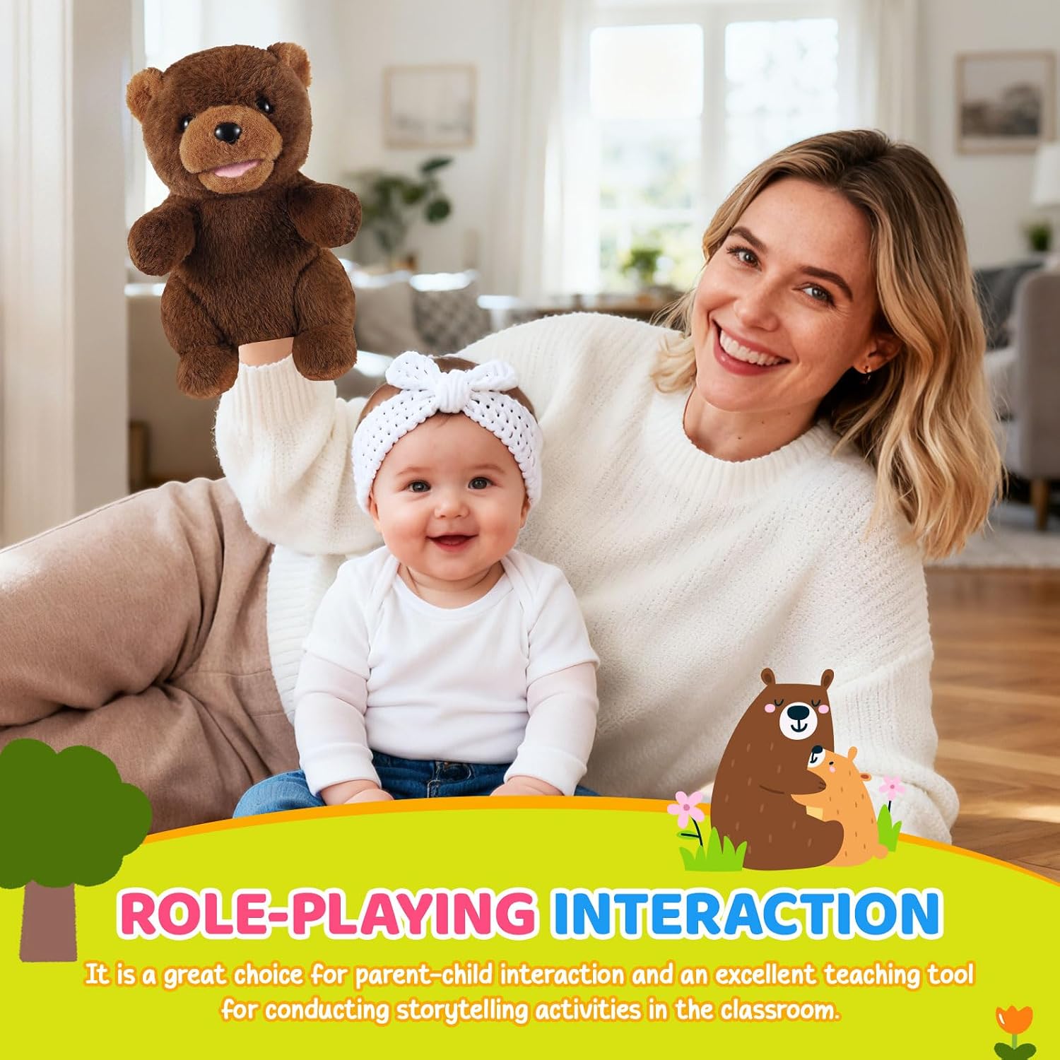 Animal Hand Puppets 11 Inch Safari Jungle Zoo Woodland Puppet Rainforest Grassland Animals Role-Playfor Kids Storytelling Imaginative Pretend Play Teaching Preschool Learning Educational(Brown Bear)
