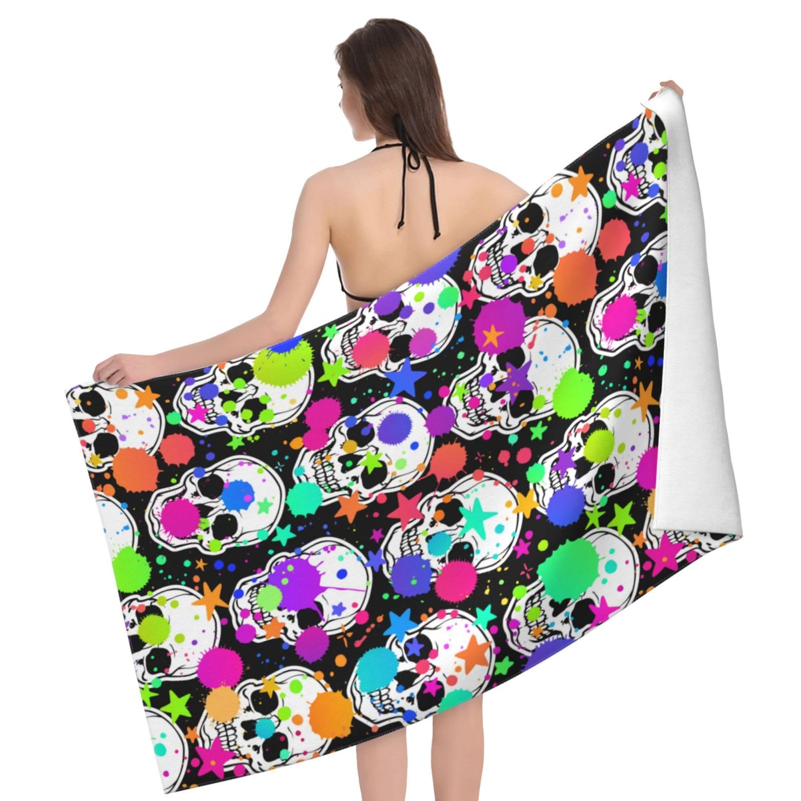 Feelacle Day Of The Dead Skull Flower Beach Towel - Large 52x32 Inch, Sand Free, Quick Dry