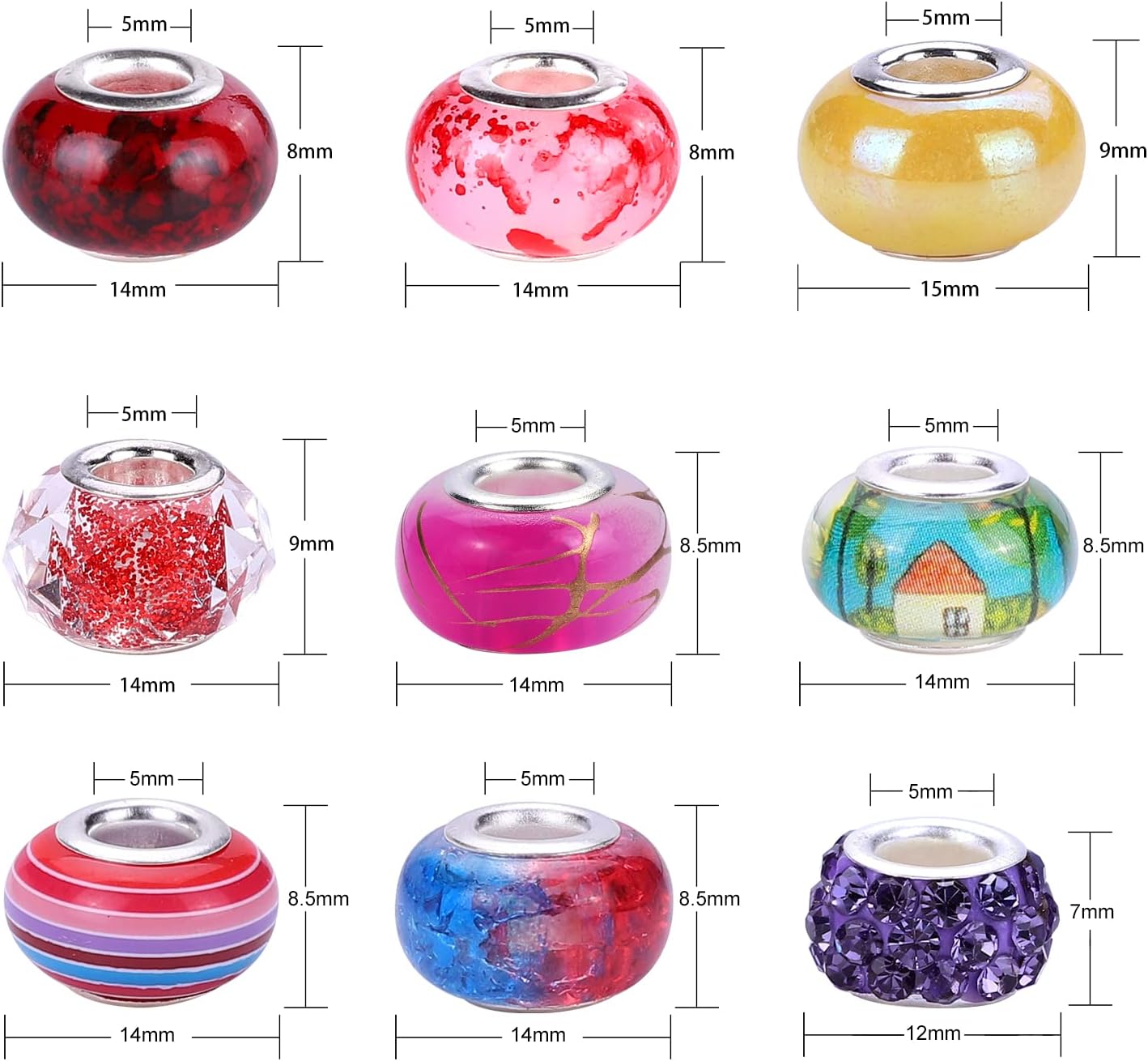 European Large Hole Spacer Charm Beads for DIY Bracelet Jewelry Making, Multicolor, Rhinestone, Resin, Assorted Styles (180, Mixed Color 9 Style)