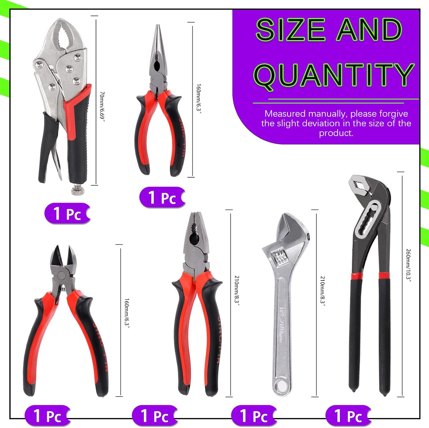 Swpeet 6Pcs Pliers Set with Storage Pouch Assortment Kit, Including Tongue and Groove Plier, Water Pump Pliers, Long Nose, Diagonal Cutting, Locking Pliers, Adjustable Wrench and Linesman Pliers