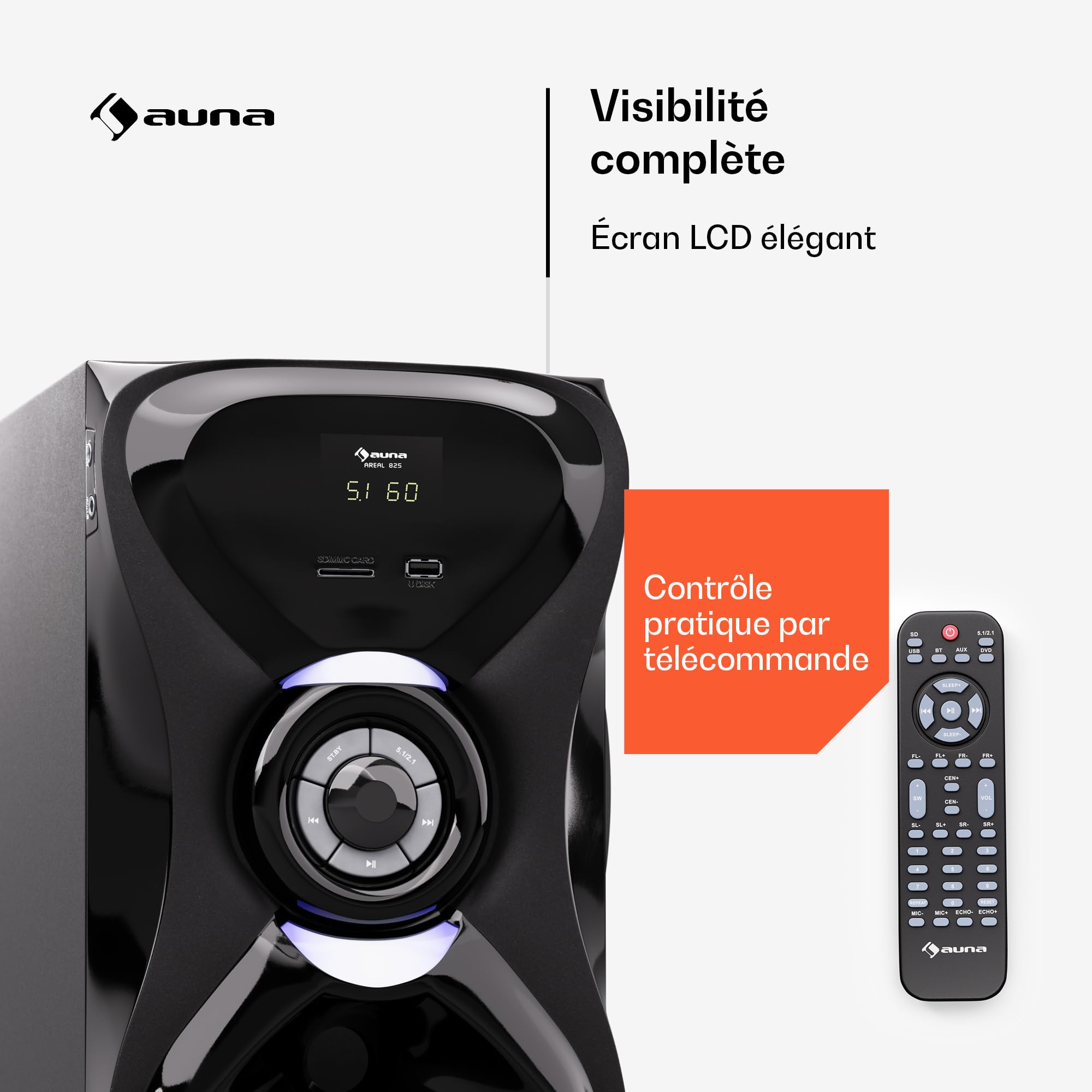 AUNA Areal 825 Home Cinema 5.1 sans Fil - Bluetooth, Subwoofer 100W, Éclairage RVB, Ports USB/SD, Entrée AUX & Optique, Enceinte Home Cinéma avec Télécommande