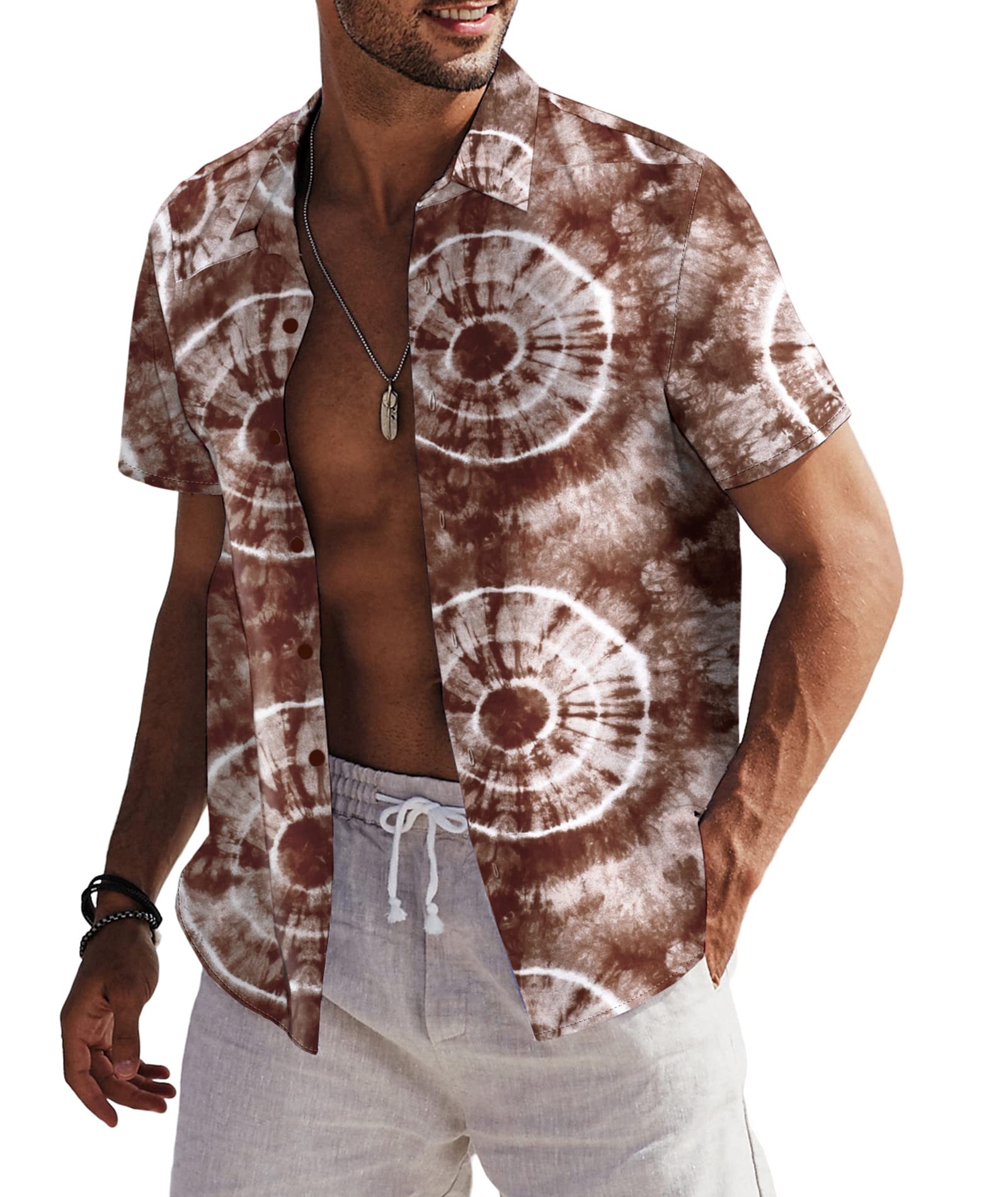 Mens 2023 Linen Tie Dye Button Down Shirts Printed Short Sleeve Summer