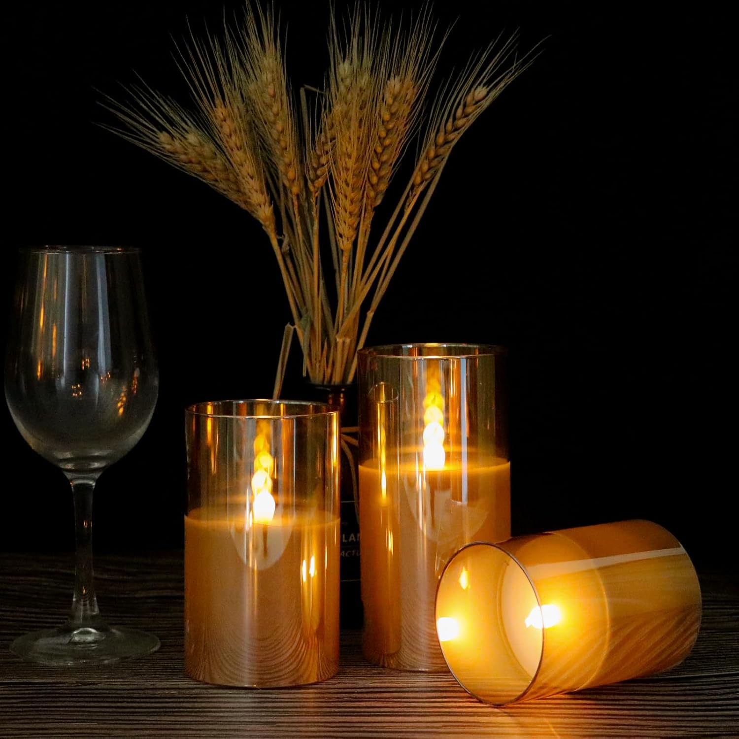 KunSween Glass Battery Operated LED Flameless Candles with Remote and Timer, Real Wax Candles Warm Color Flickering Light for Festival Wedding Home Party Decor(Pack of 3, 3" x 4" 5" 6" )-Gold