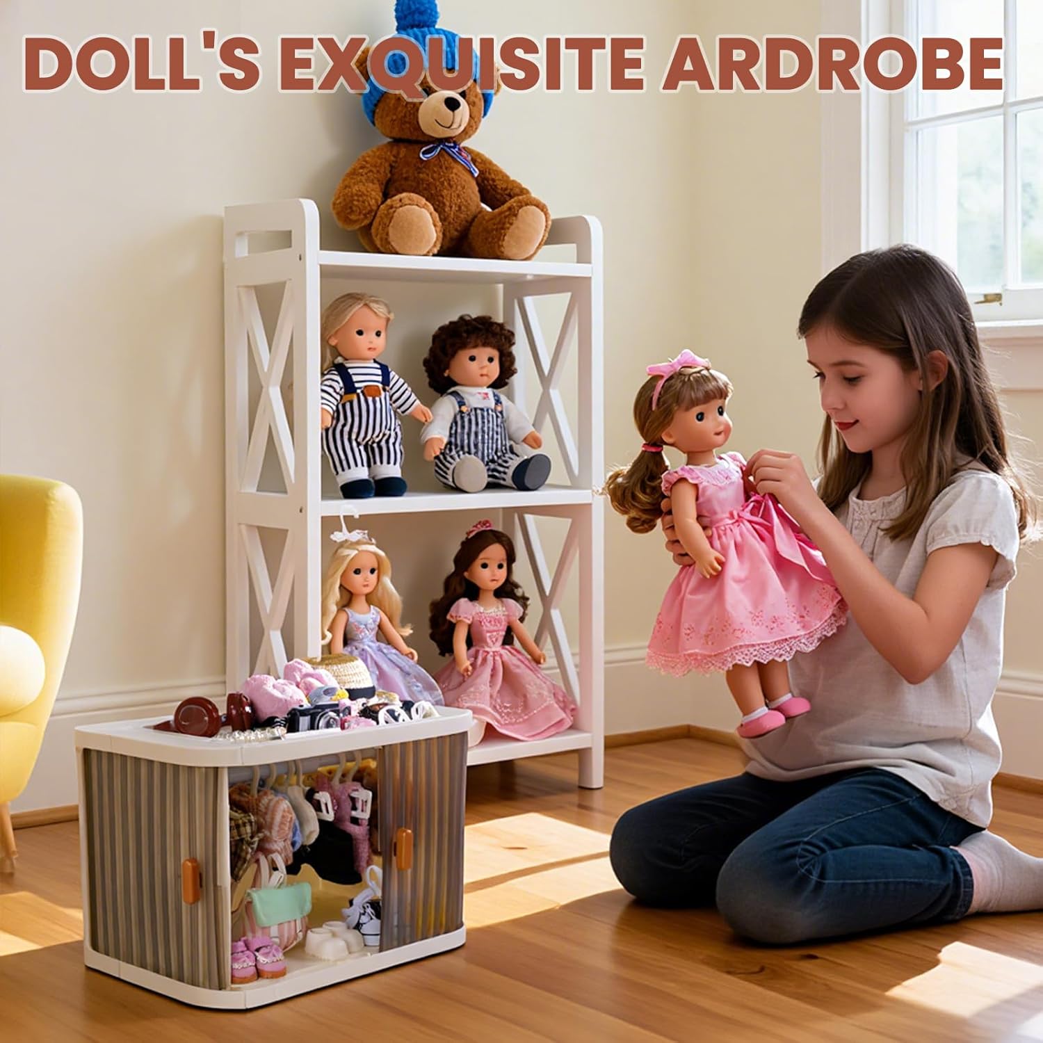Foldable Doll Wardrobe with Stand Compatible with Labubu, 10 Hangers, 1 Rod & 2 Supports, Dust-Resistant Stackable Organizer Cabinet Storage Box for 15/17cm Doll Clothes Shoes Accessories (Foldable)