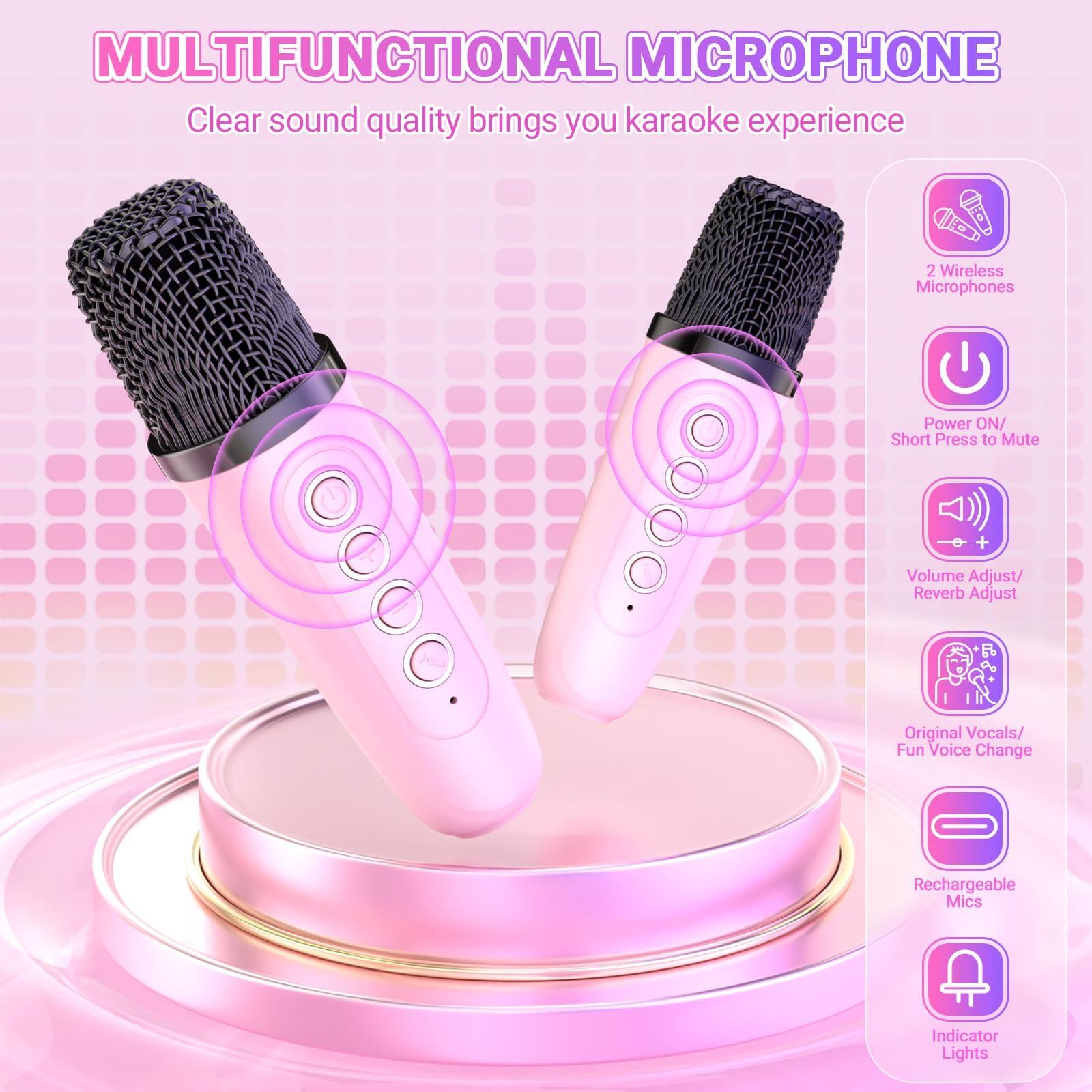 Anykuu Karaoke per Bambini con Microfono, Macchina per Karaoke Senza Fili Portatile con 2 Microfoni Wireless e Luce LED
