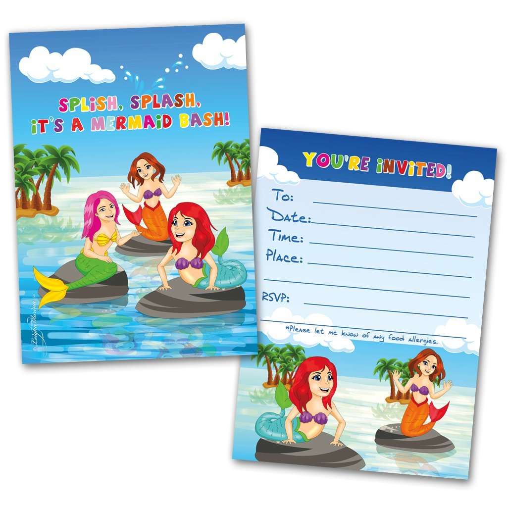 Buy Party Invitation Cards, 20 Cards with 20 Envelopes, Mermaid Bash Themed, Flat Style