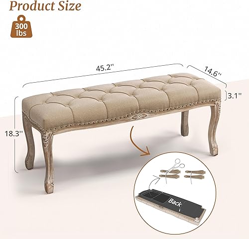 Miniatura 3 de Banco de dormitorio, banco de entrada estilo vintage francés copetudo, banco tapizado en el extremo de la cama con patas de madera envejecida,