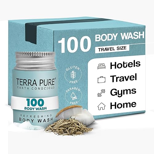 Terra Pure White Tea & Coconut Body Wash, comodidades de hotel tamaño viaje, 1 onza (caja de 100)