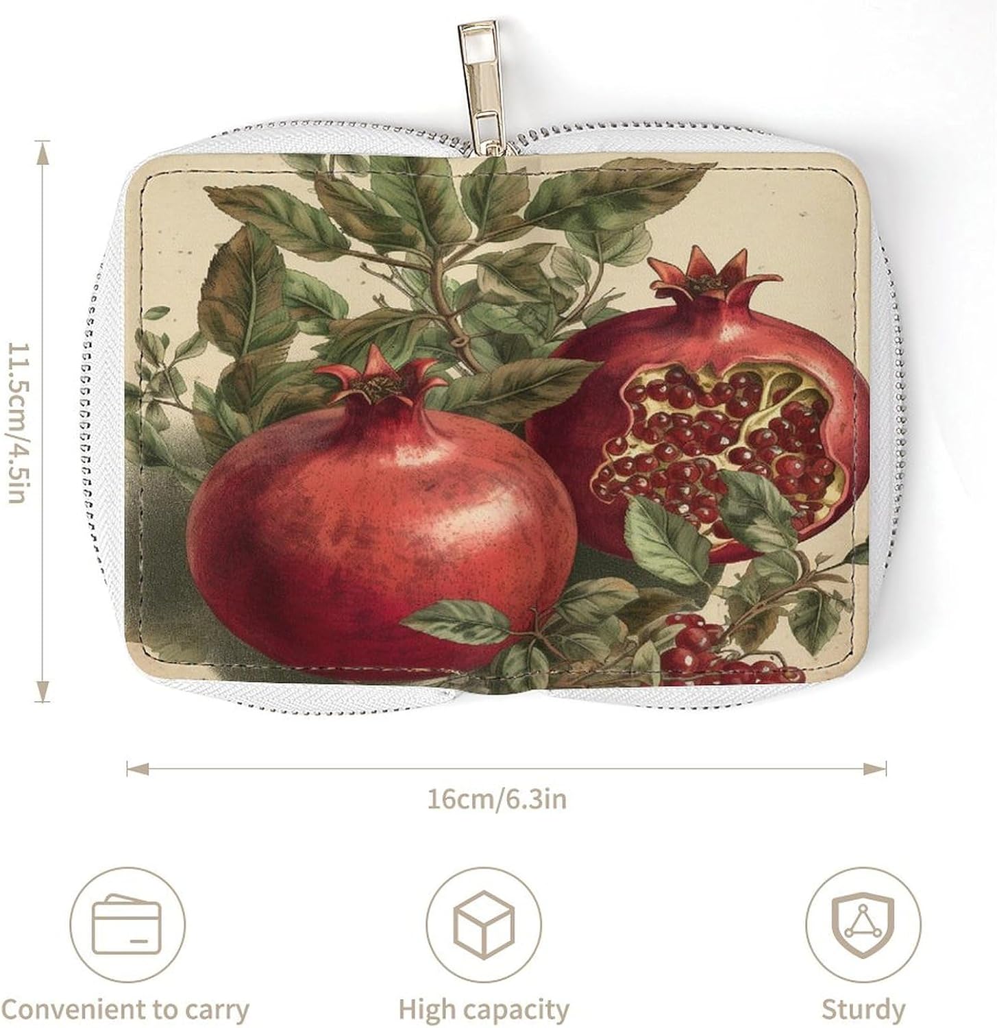 Leather Card Organizer Case Card Wallet Credit Card Holder Berries of Pomegranate Printed Zipper Card Cases Holder for Women Men