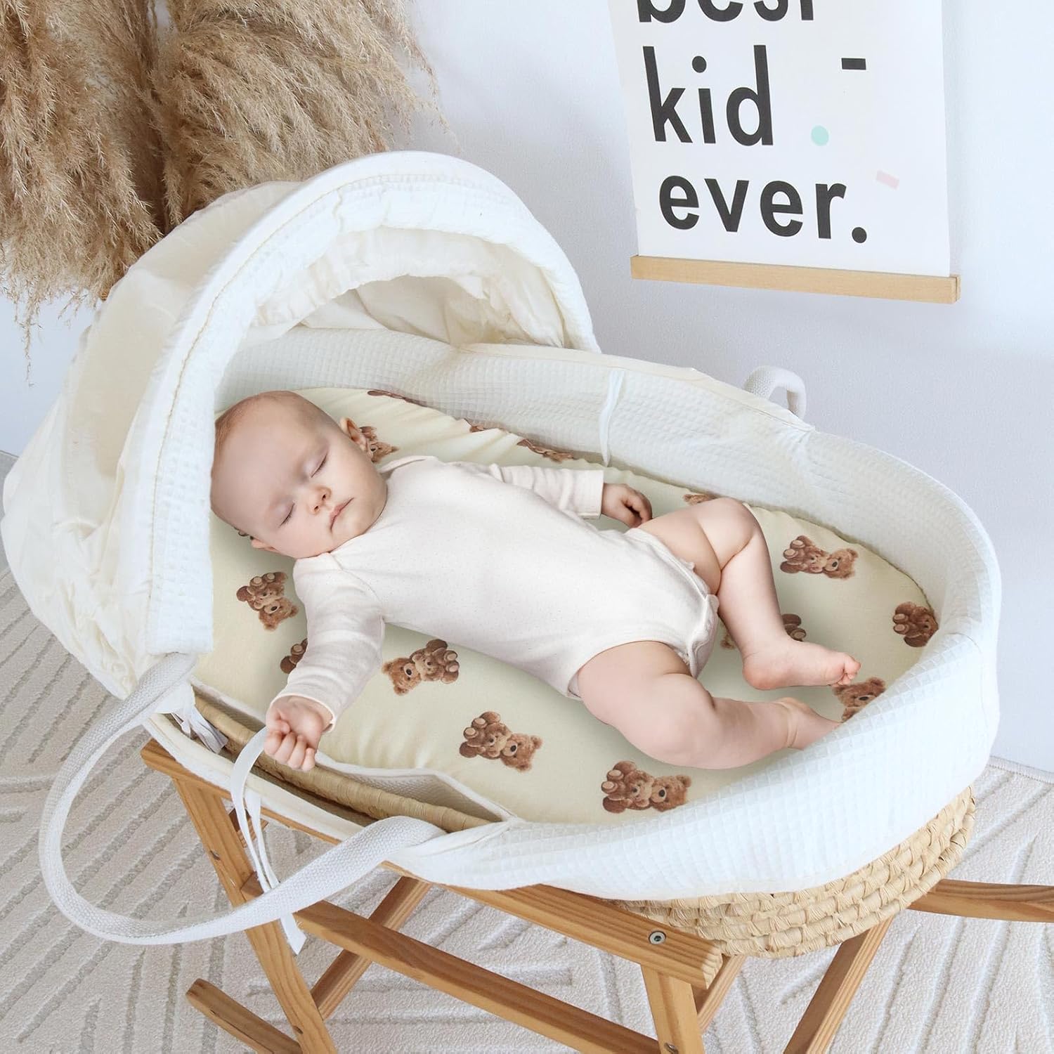 LifeTree Muslin Bassinet Sheets Unisex, Soft Breathable Fitted Baby Bassinet Sheets, 1 Pack for Standard Bassinet for Baby Boys Girls, 70% Viscose from Bamboo + 30% Cotton, Bear Pattern, 32″ x 16″