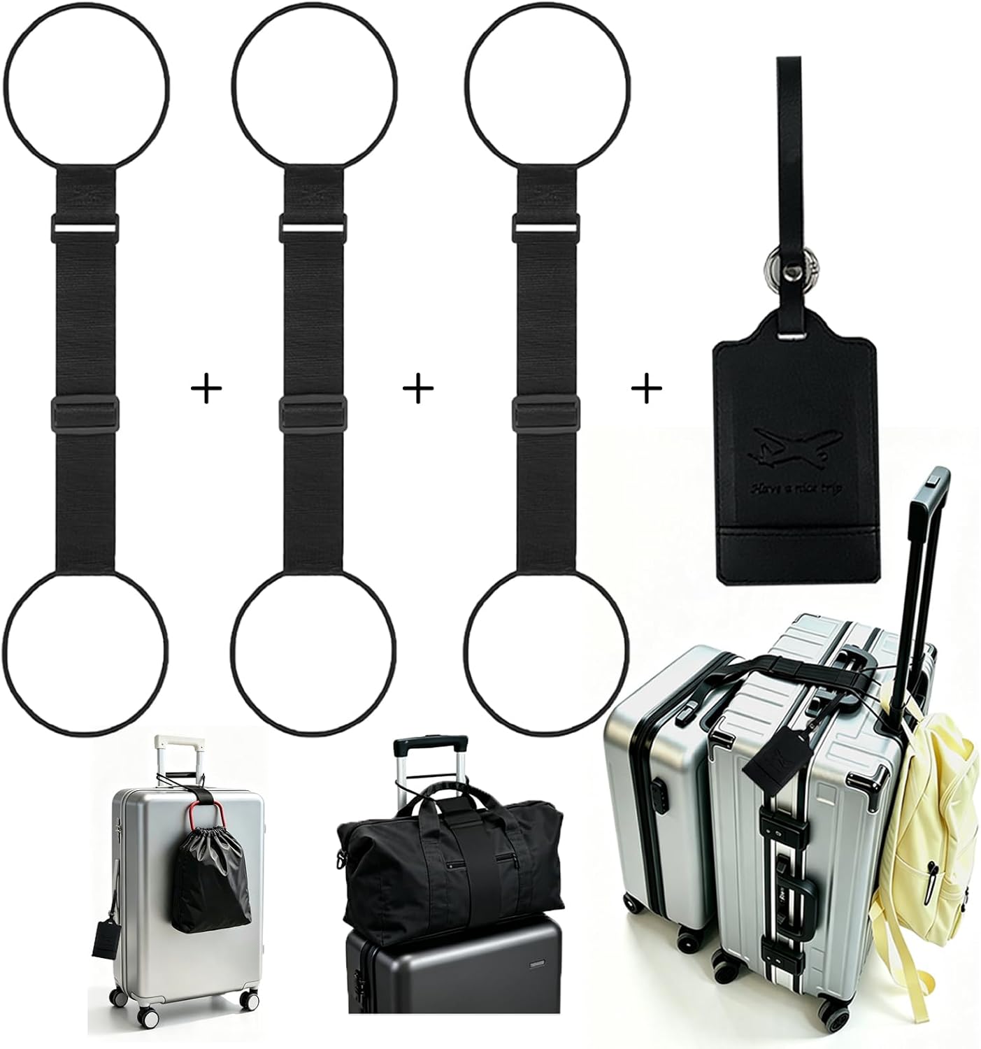 3 Pack Black Add A Bag Luggage Connector Straps for Suitcases+1Luggage Tags