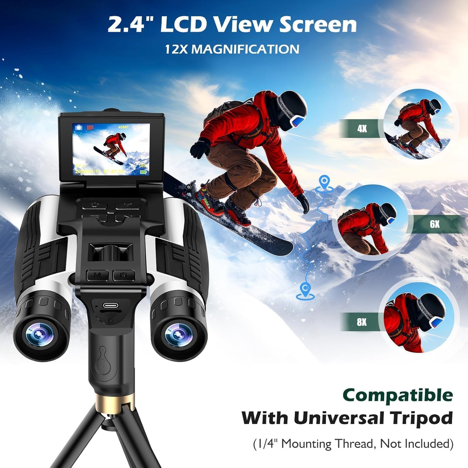 Jumelles d'appareil photo numérique 2 en 1 pour adultes, 12 x 32 HD avec écran LCD de 2,4", enregistrement vidéo 48 MP et 2,5 K, zoom numérique 8X pour observation des oiseaux, concerts, voyages 16 Go