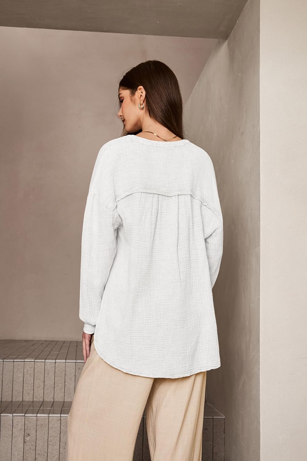 Dokotoo Womens Casual Button V Neck Long Sleeve Shirts Oversized Solid Blouses Tops - Image 3