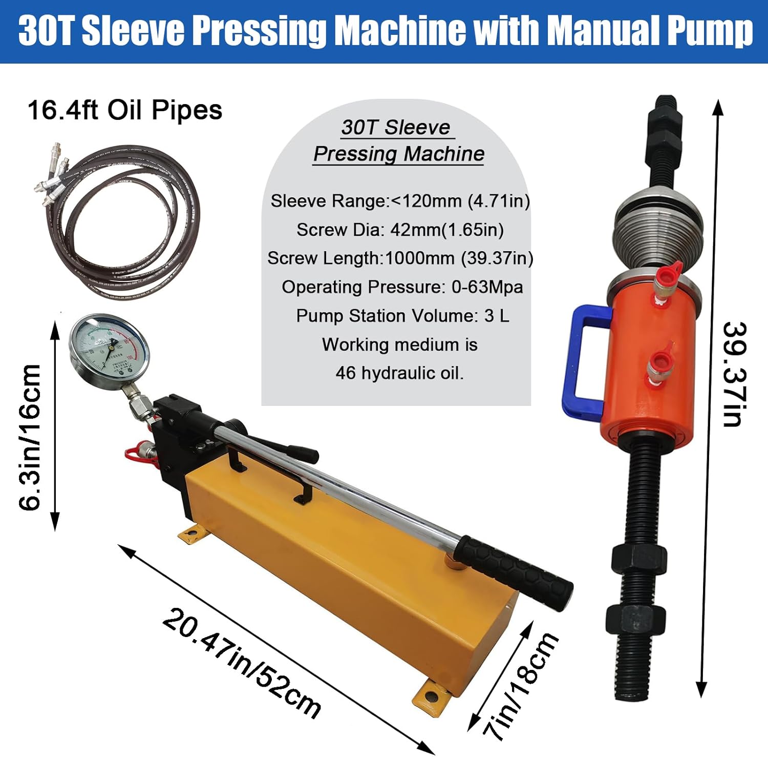 30T Hydraulic Sleeve Pressing Machine Bushing Press Machine with 3L Manual Pump, 63Mpa, Fits Sleeves Up to 120mm/4.72in, Hydraulic Track Pin Press for Excavator and Bulldozer Maintenance