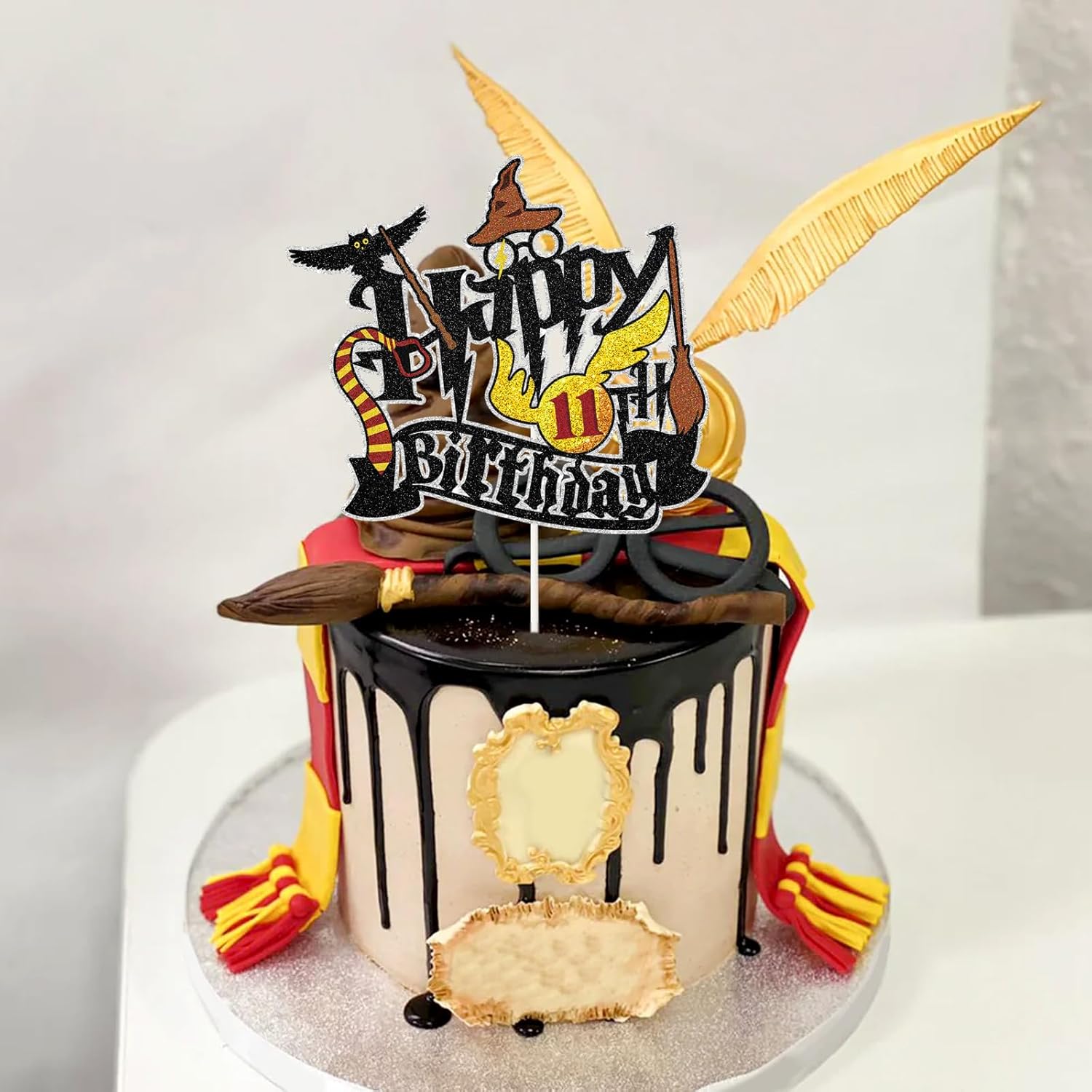 Wizard Happy 11th Birthday Cake Topper - Glitter School Wizard Cake Decor - Harry Theme Party 11th Birthday Party Decoration Supplies