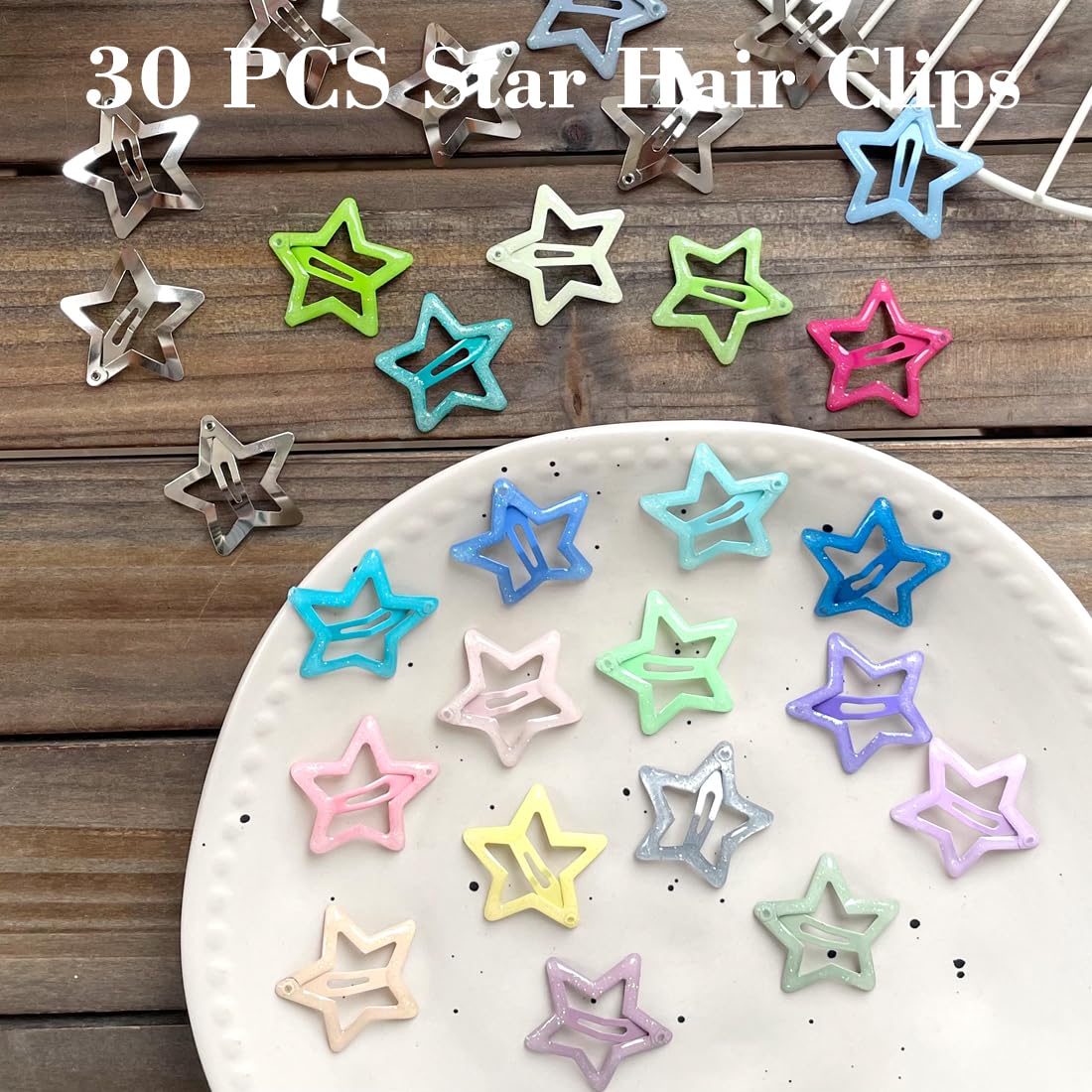 30 pinzas para el cabello con estrellas brillantes de 1.22 pulgadas, clips antideslizantes para niñas y mujeres, clip de metal multicolor, pasadores de pelo de estrella para mujeres 4