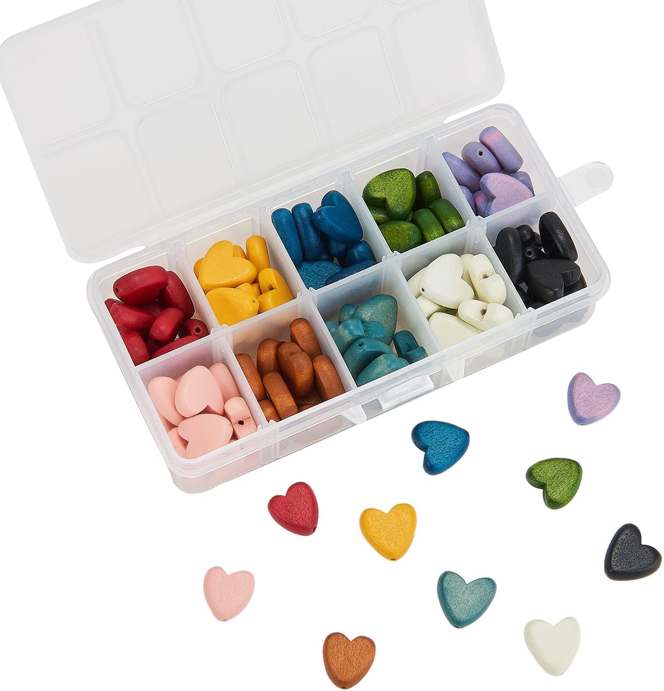 LiQunSweet 100 Pcs 10-Colors Painted Natural Multicolor Wooden Painted Sweet Heart Wood Spacer Beads for Beading Jewelry Making DIY Crafts - 16x16mm