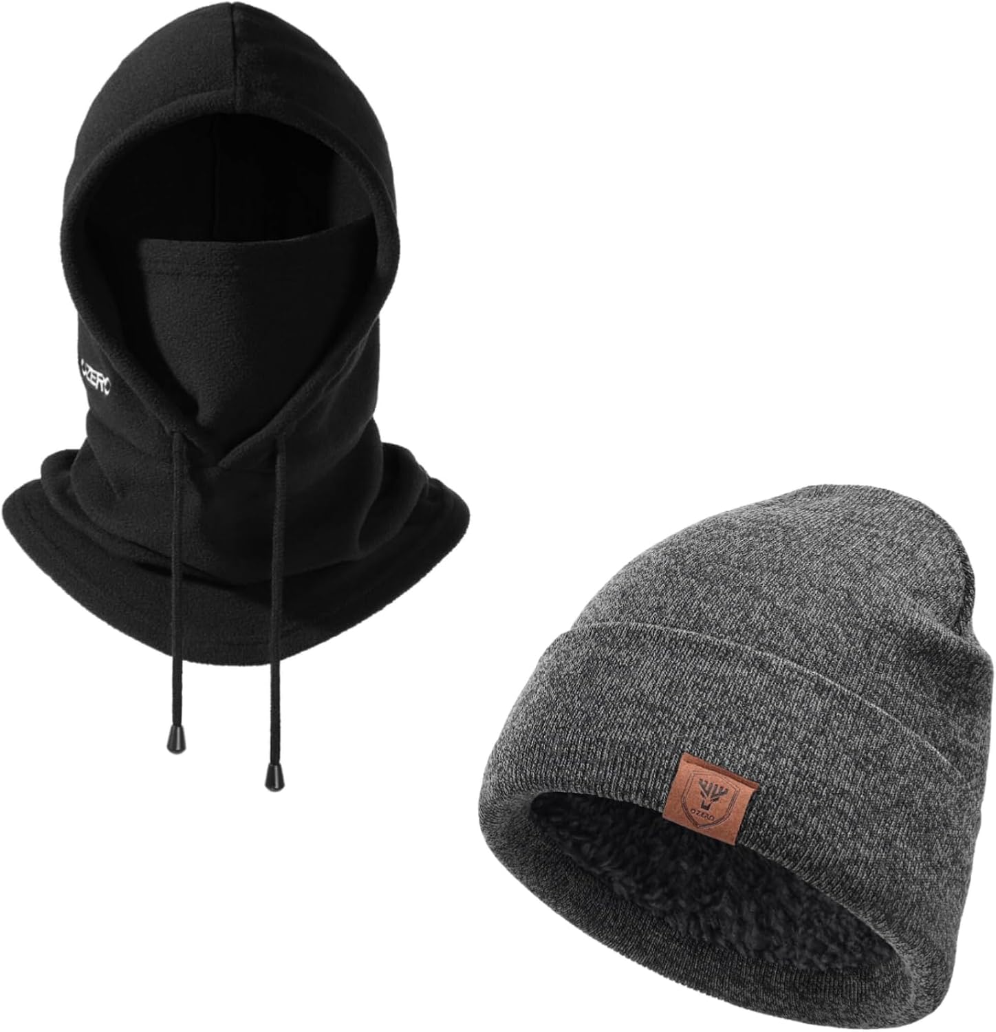 OZERO Winter Balaclava & Beanie: Convertible Face Mask Balaclava + Polar Fleece Winter Beanie Daily Hat for Men & Women (Black & Grey)