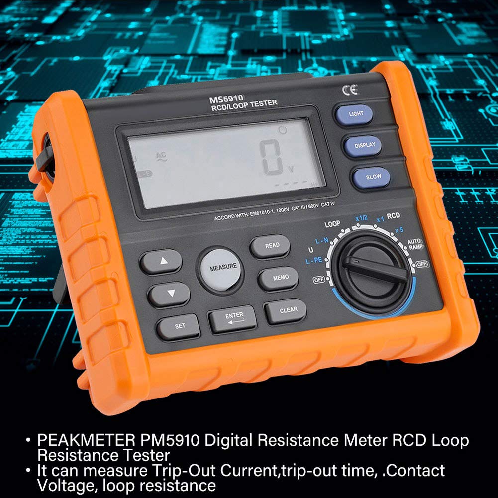 Probador de resistencia de bucle RCD，medidor de resistencia digital MS5910 Multímetro de probador de resistencia de bucle RCD, para corriente de disparo, tiempo de disparo, voltaje de contacto