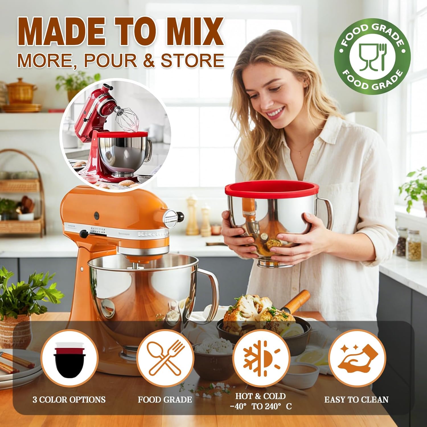 Silicone Bowl Liners for Kitchenaid 5 Qt, 3-Pack Thick Mixing Bowl Liners with Lids, BPA-Free Silicone Bowl Insert, Dishwasher & Microwave Safe, Ideal for Dough Mixing, Batter & Meal Prep