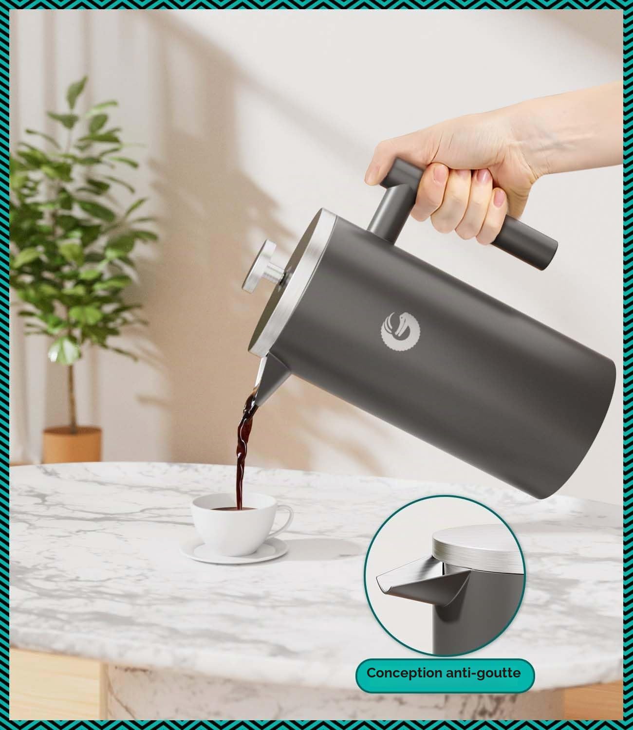 Coffee Gator Cafetière À Piston 1 Litre, En Acier Inoxydable 304, Double Paroi Isolée, Filtration 4 Niveaux, Avec boîte à Café, Portable Pour Café ou Thé Chaud et Froid, Cuisine, Camping, Gris