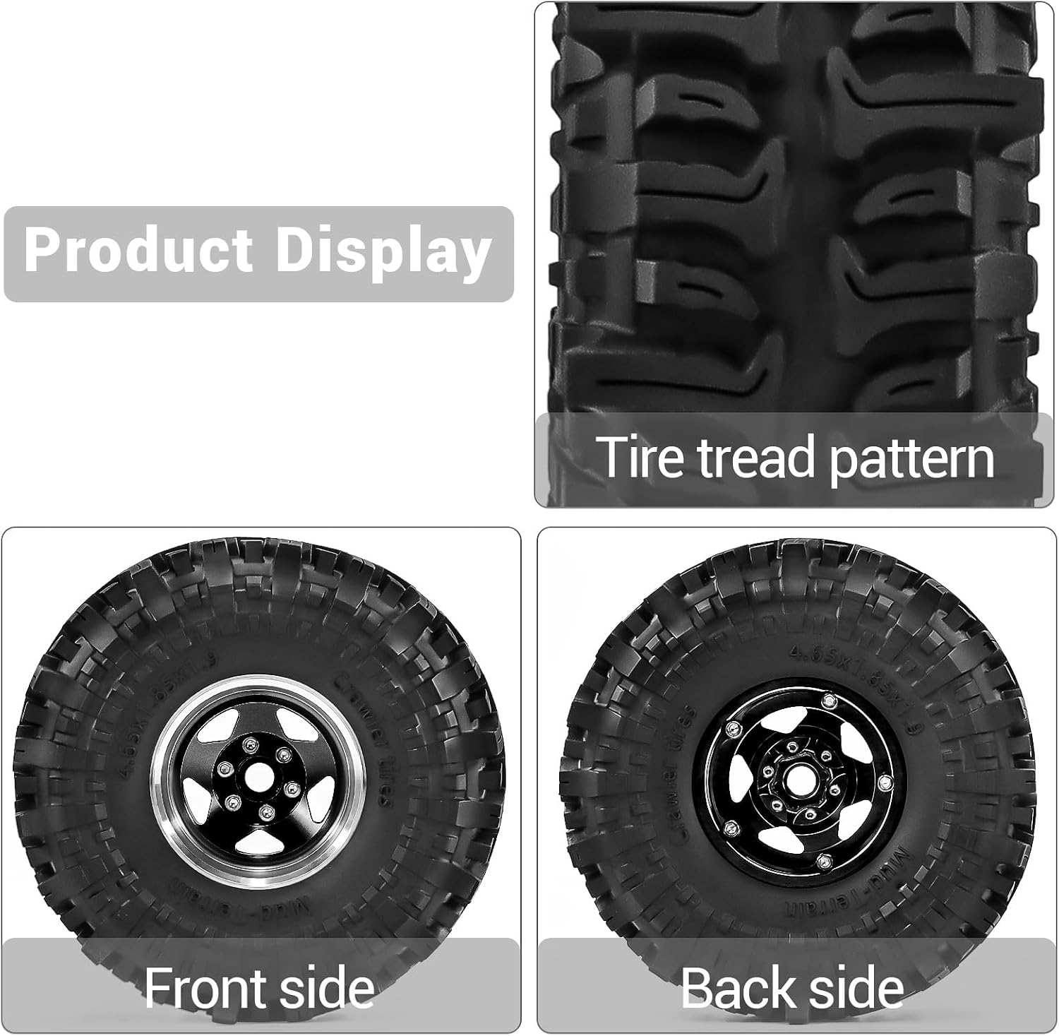 1.9" Pre-Assembled Beadlock Wheels and Tires 118mm (4.65in) for SCX10 TRX4 1/10 RC Crawlers – Aluminum Rims, Soft Rubber Tires with Foam Inserts, Easy-Install Upgrade Parts (Black)