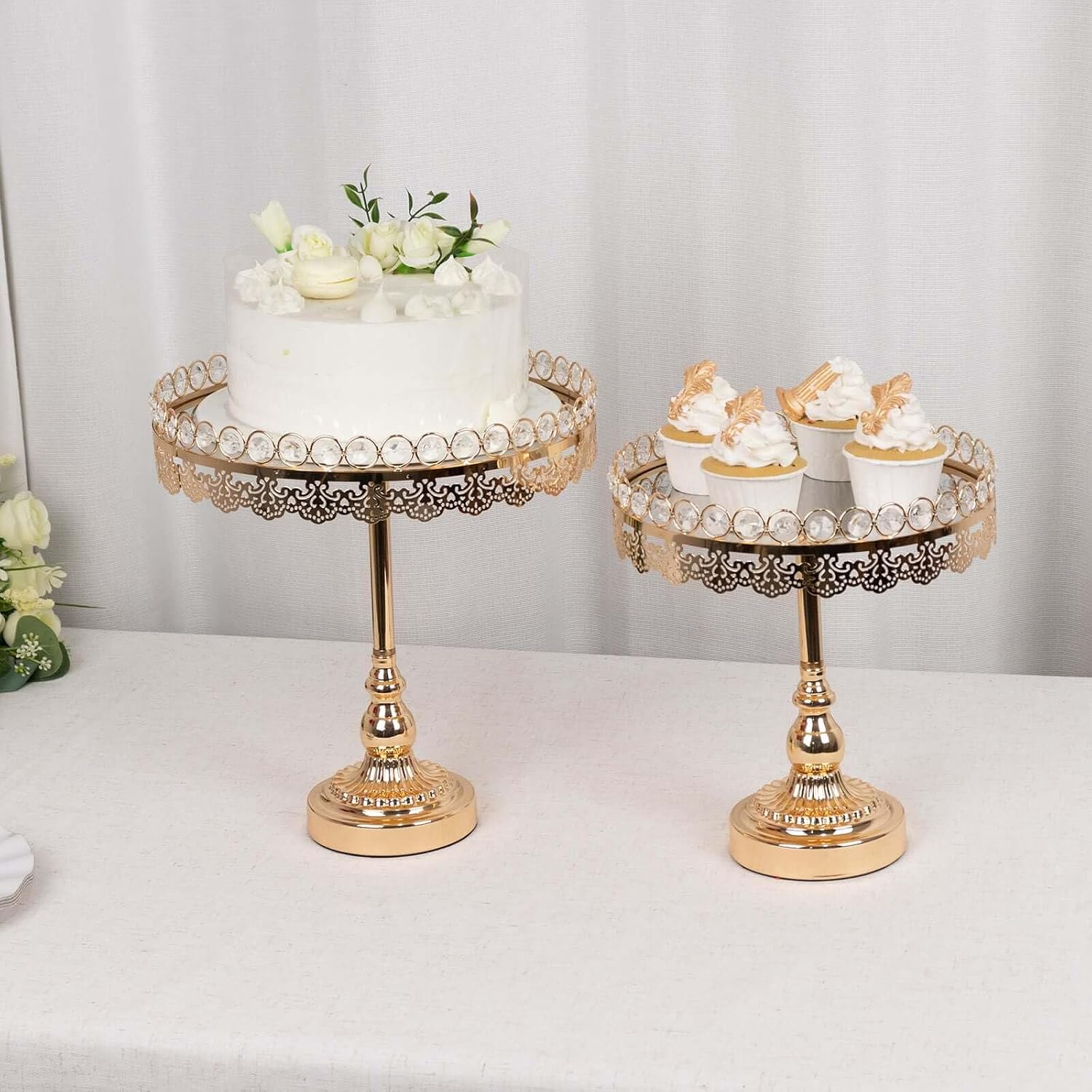 Efavormart Set of 2 Gold Crystal Beaded Metal Pedestal Cake Stands with Mirror Top, Round Cupcake Holder Dessert Display Stands - 11", 13"