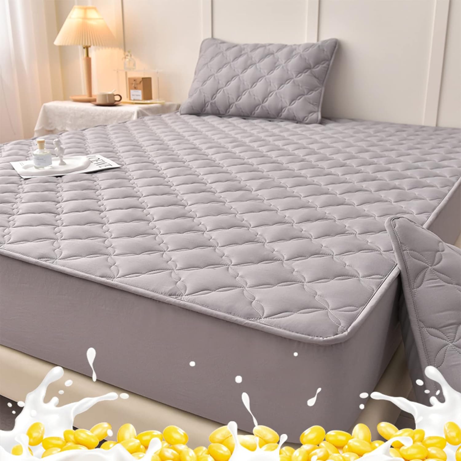 ボックスシーツ深さポケットキング、厚いキルティングコットンベッドシーツ、固体マットレスプロテクターカバーホテルアパート寝室用ホワイト