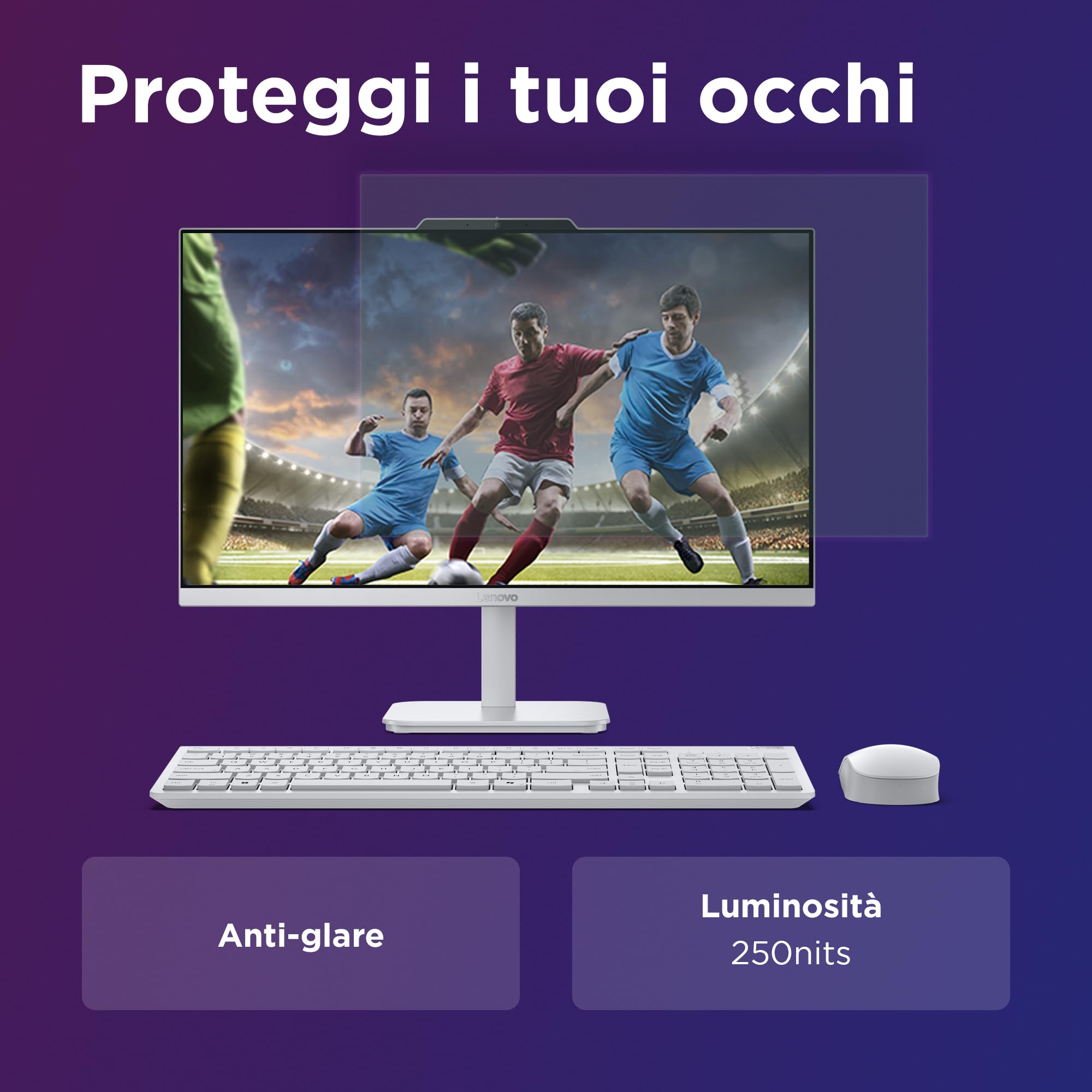 Lenovo A100 All-In-One, Display 24" FHD, Intel N100, 512GB SSD, RAM 16GB, 2Wx2 Audio Speakers, WiFi 6, Windows 11 Home, Tastiera + Mouse Wireless - Cloud Grey