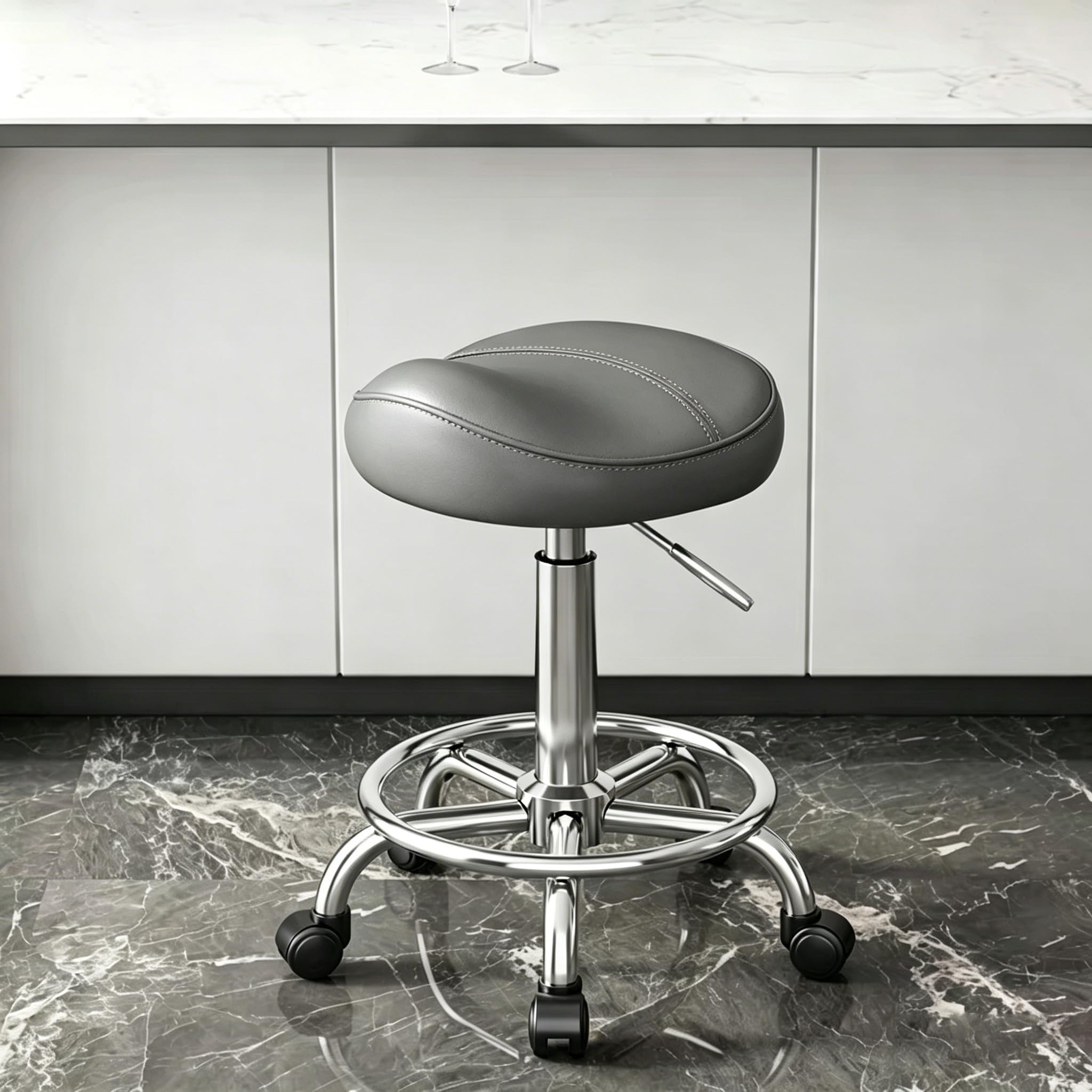 Balama Sattelhocker höhenverstellbar 50-70 cm mit Rollen, bis 150kg, ergonomischer Rollhocker, 360° drehbar, Robustes Kunstleder mit dickem Sitzpolster, zertifizierte Gasdruckfeder, Grau