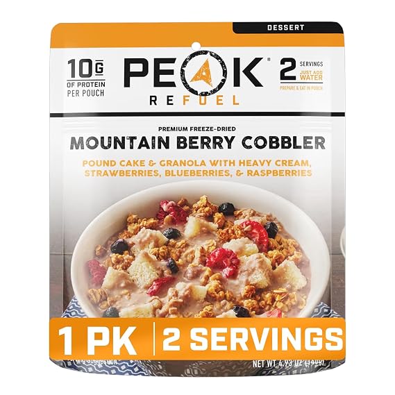 Peak Refuel Mountain Berry Cobbler | Real Ingredients | Ready in Minutes | Just Add Water | Premium Freeze Dried Backpacking & Camping Food | 2 Servings | Ideal MRE Survival Meal or Dessert