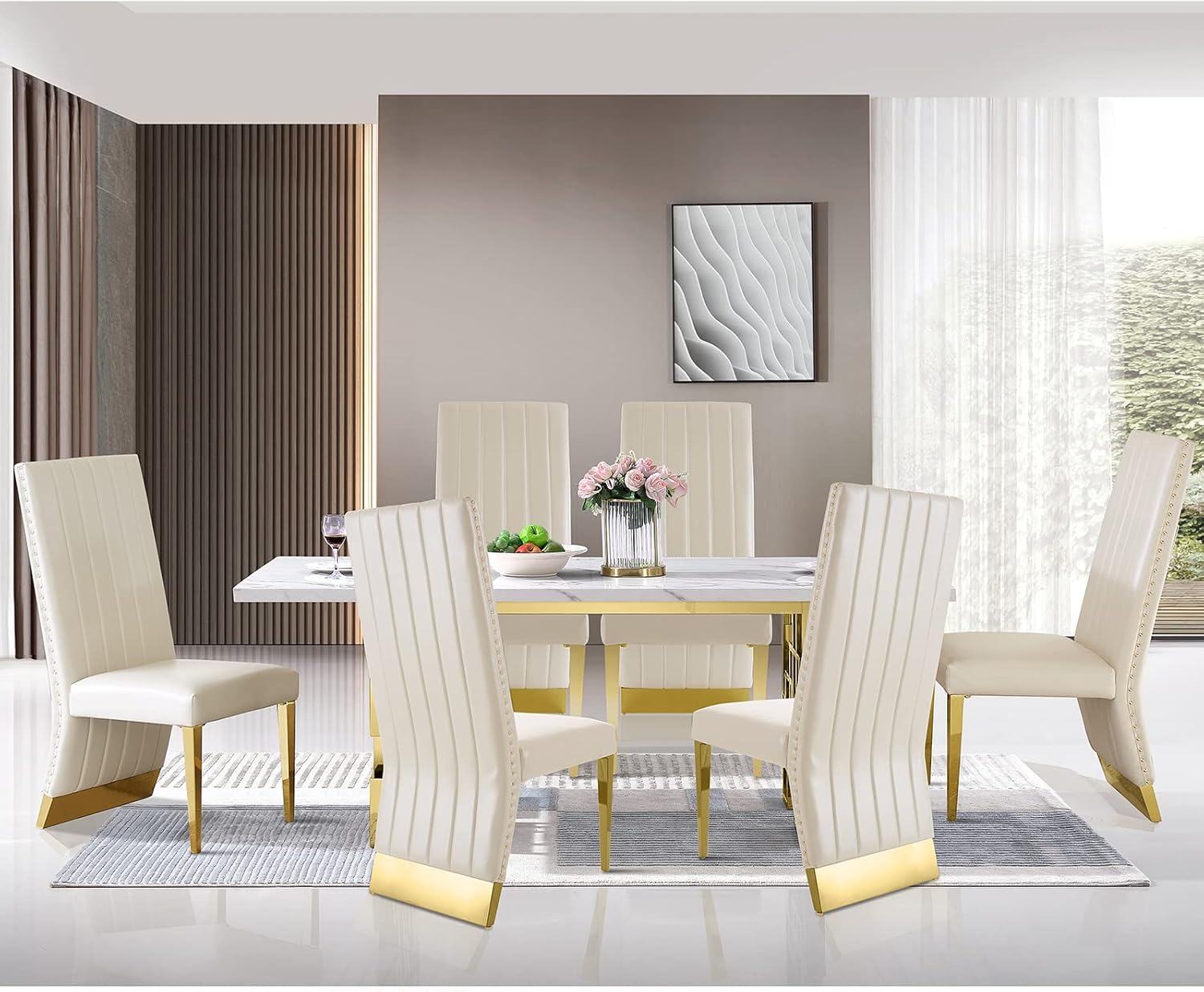 Amazon.com - AZhome 7-Piece White and Gold Dining Table Sets for 6 ...