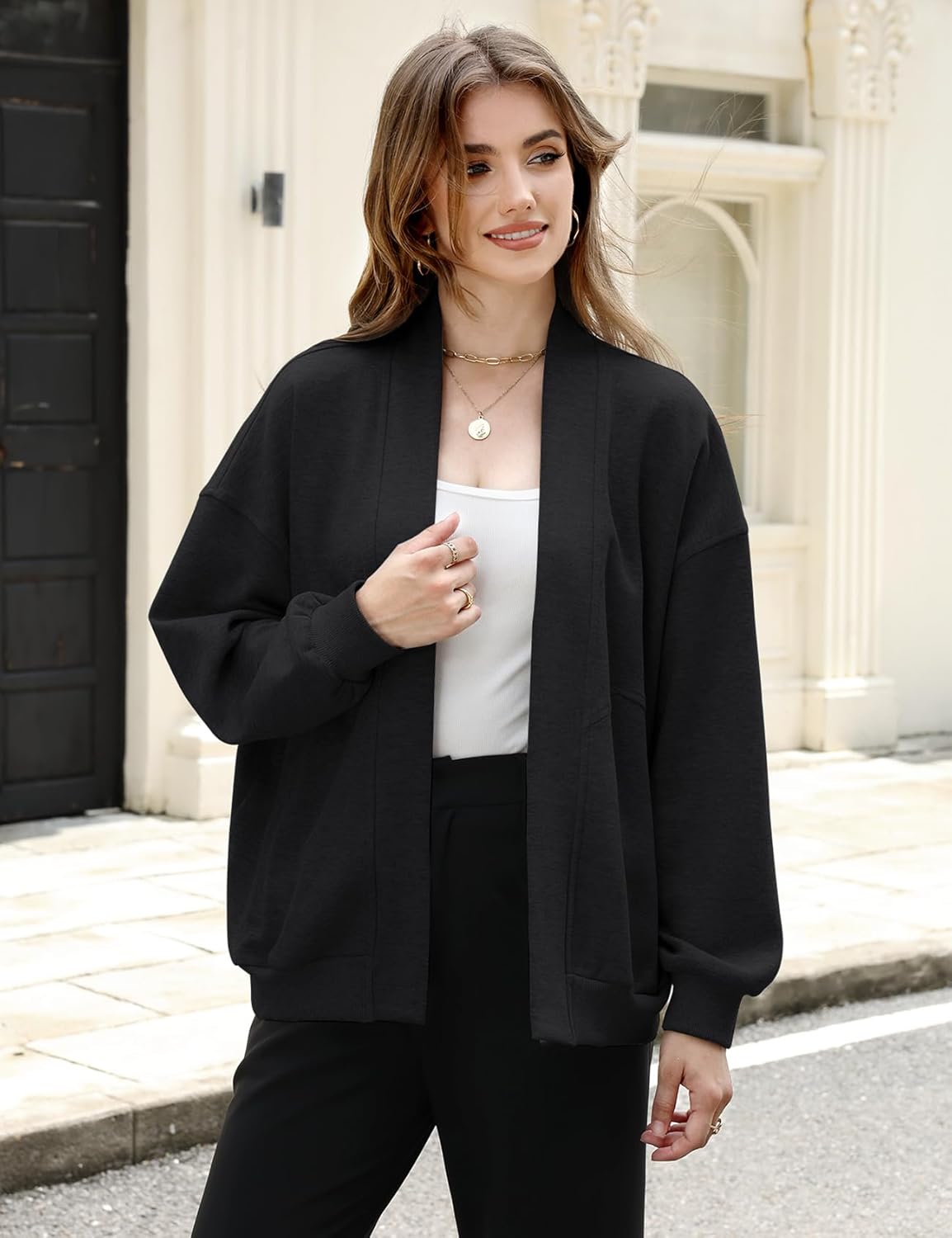 Wyeysyt Womens Sweatshirt Cardigan Lightweight Oversized Drop Shoulder Open Front Casual Cardigan - Image 5