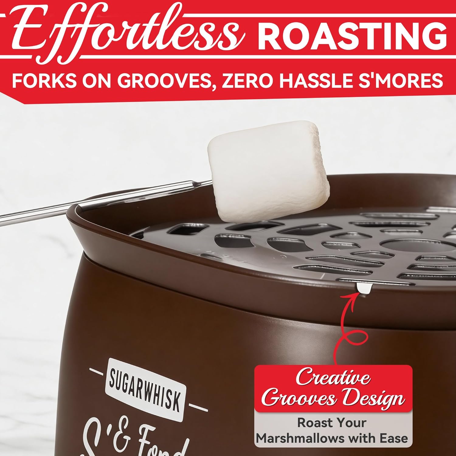 SugarWhisk 2 in 1 Electric Smore Maker & Fondue Set, Marshmallow Roaster with 4 Forks, Indoor Smores Kit for Kids & Couples, Cheese & Chocolate Fondue Pot, 4 Detachable Trays, Brown