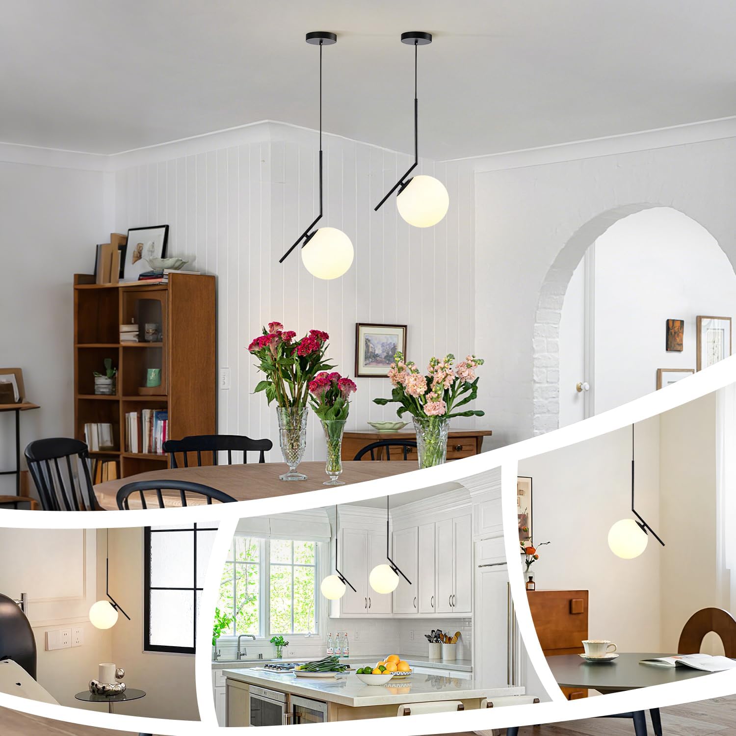 Modern Pendant Light, 1-Light Black Glass Globe Ceiling Pendant Lamp, Bedside Matte Hanging Pendant Light Fixtures for Bedroom Living Dining Room Kitchen