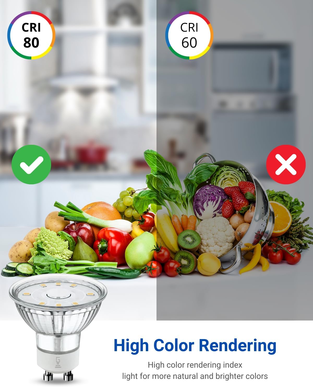 NUOVA GERMANY GU10 LED Light Bulbs Non-Dimmable, 5000K Daylight White GU10 Bulb, 5W LED Bulbs with 100°Flood Beam Lighting for Kitchen, Range Hood, Living Room, Bedroom, 6 Pack