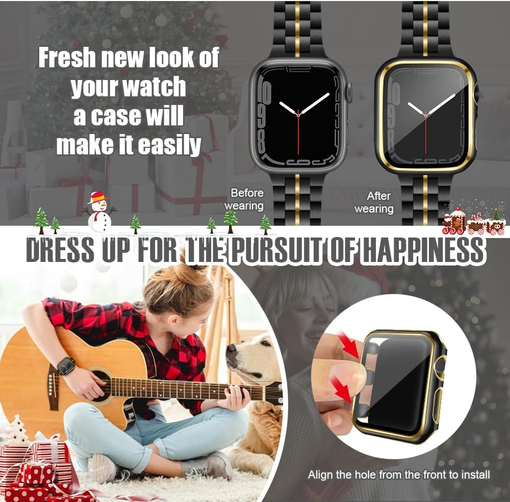 top4cus 40mm Case Compatible with Apple Watch, with Built-in Tempered Glass Screen Protector, PC Cover for iWatch Series 9/8/7/SE 2rd SE 6 5 4/3 2 for Choice (40mm, Black + Gold Edge)