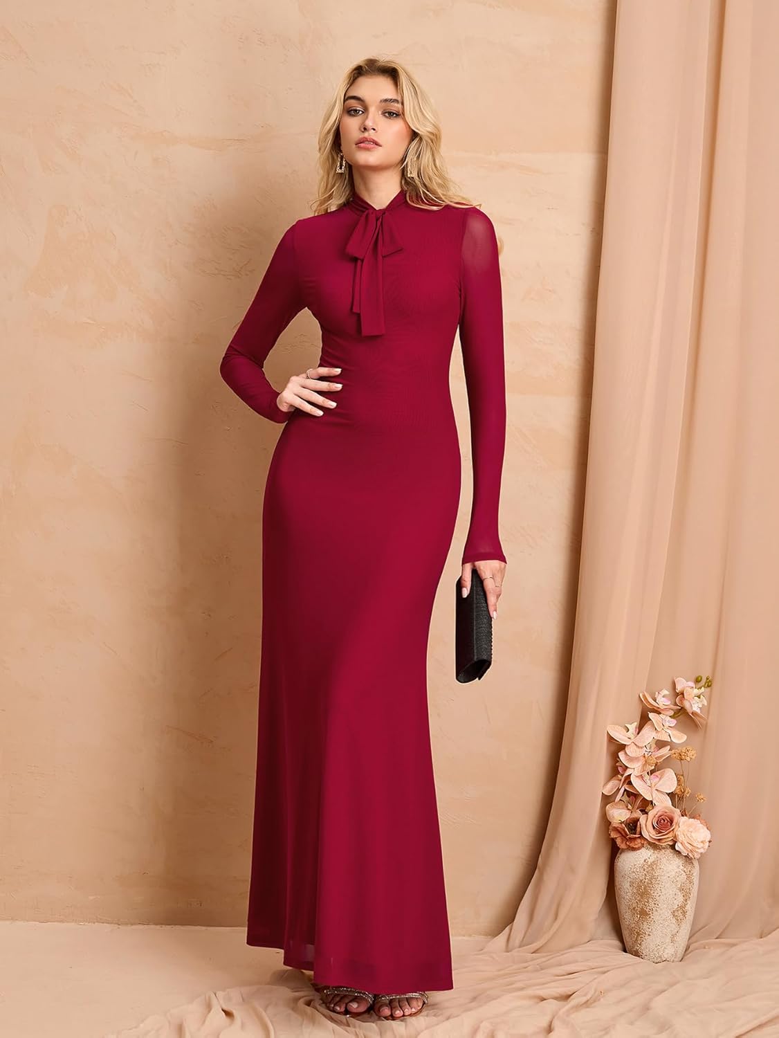 HTZMO Women Fall Long Sleeve Bow Tie Neck Formal Maxi Dresses A Line Flowy Wedding Guest Party Elegant Long Dresses - Image 4