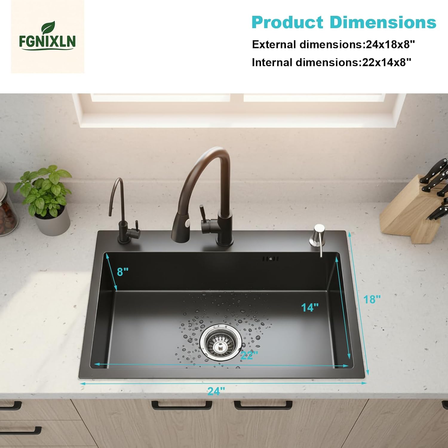 Drop In Kitchen Sink with Faucet Combo18 Gauge Stainless Steel Single Bowl Kitchen Sink Large Deep Round Corner Handmade Topmount Overmount Basin Kitchen Sinks (24"x18")