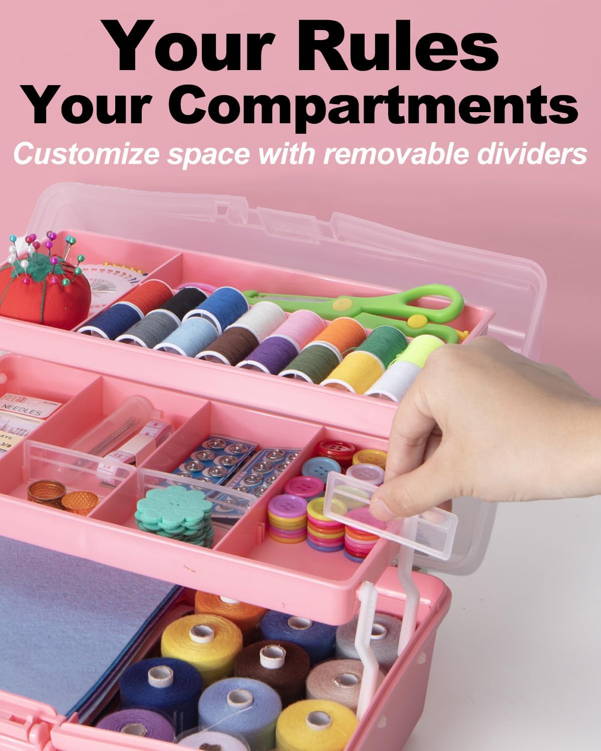 12in 3-Layer Plastic Craft Organizers and Storage, Portable Folding Tackle Box with Handle & Adjustable Dividers, Multipurpose Case for Sewing, Art Supplies, Medicine, Tools (Pink) - Image 4