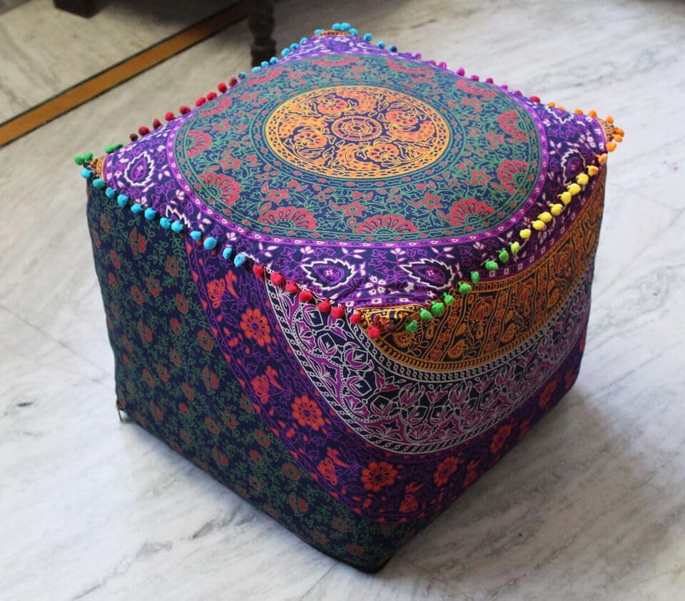 Indian Handmade Mandala | Square Ottoman Pouf Cover | Footstool Seating (SIX Color Ombre Mandala, 22x22x14)