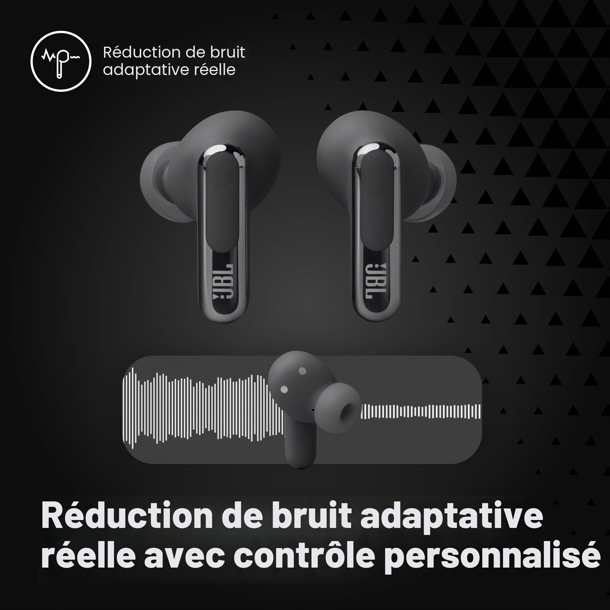 JBL Live Beam 3 Écouteurs sans fil avec réduction du bruit, 48 heures de lecture complète, charge sans fil, 6 microphones pour des appels parfaits, connexion multipoint, étanchéité IP55 et