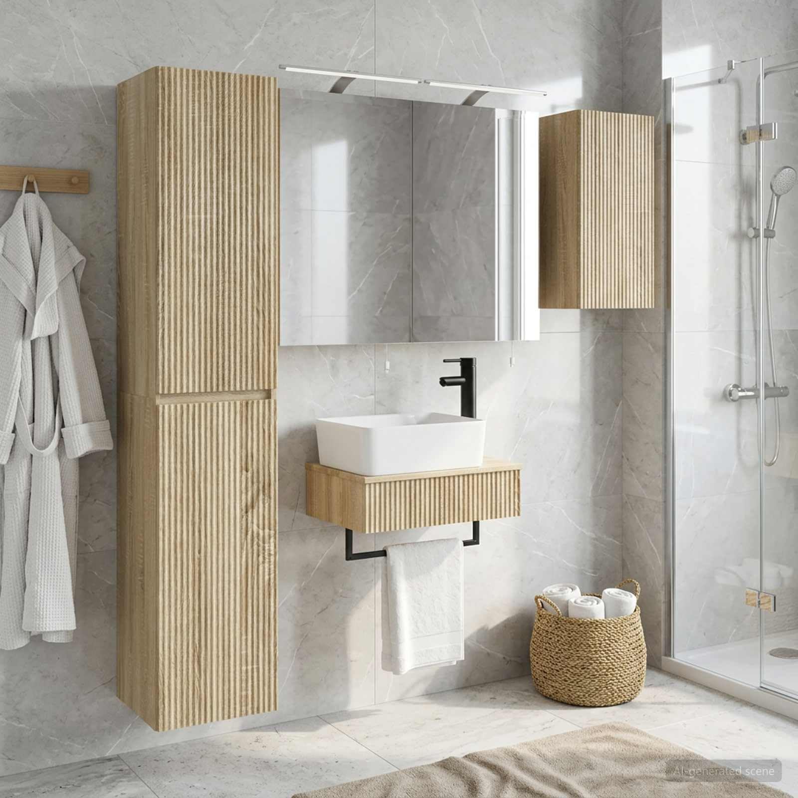 Juego de 5 muebles de baño de roble Sonoma de madera y cristal con espejo LED, montaje en pared para baño moderno, incluye espacio de almacenamiento, iluminación USB, espejo de doble cara