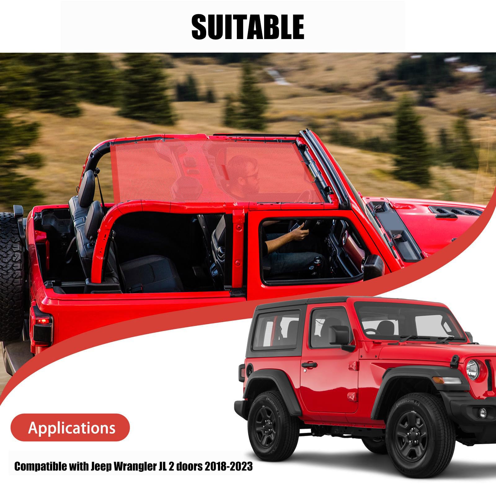Parasol de Malla Superior Parasol, Bloqueador UV, Pantalla de Bikini para Jeep Wrangler JL JLU 2018-2022, 2 Puertas, Rubicon Sport Sport S Willys, Rojo,Standard