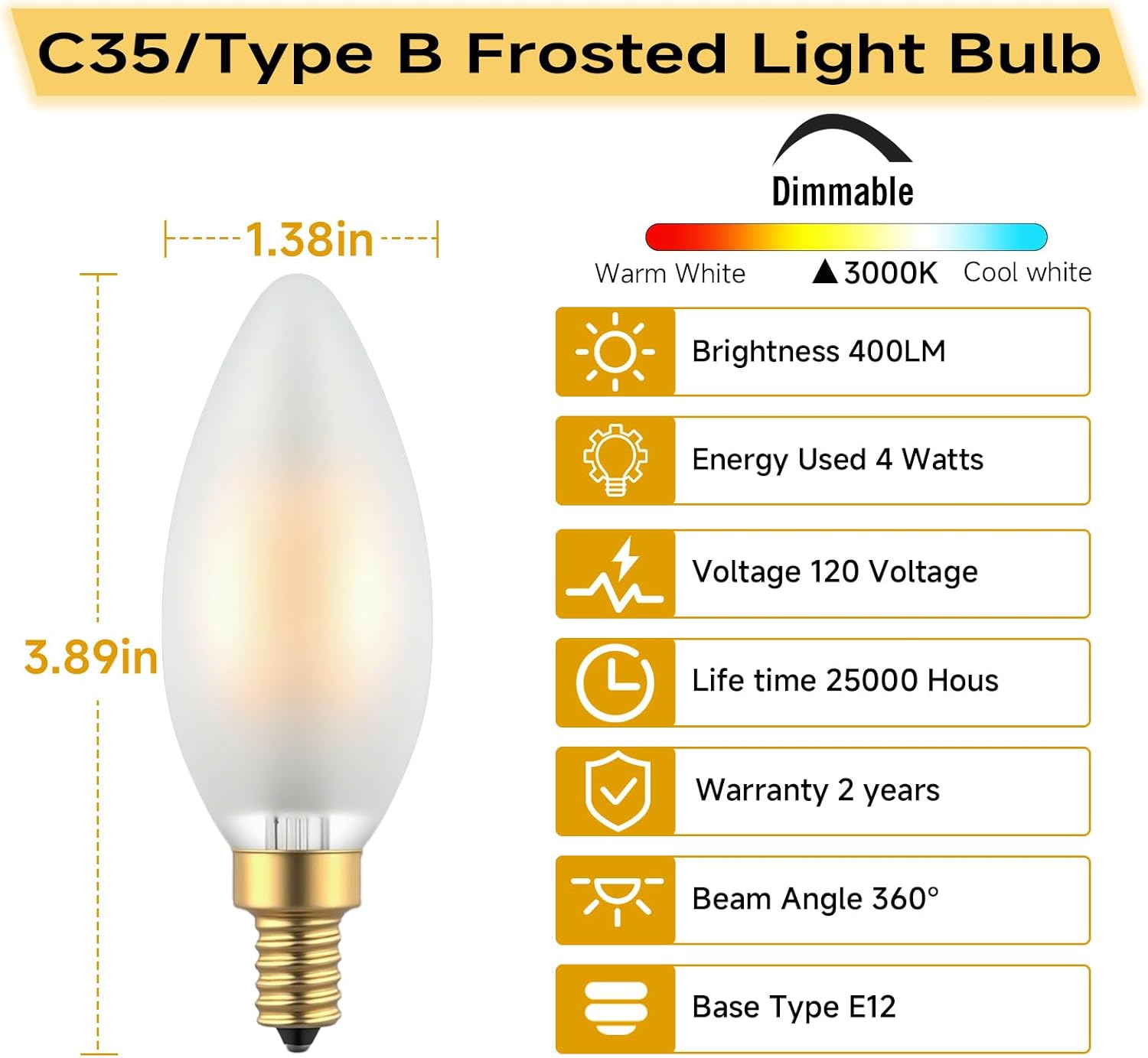 Type B/B11 E12 LED Filament Bulb, 4W/40W Equivalent 3000K Warm White – Frosted Glass, Dimmable, Ideal for Chandeliers & Ceiling Fans, 6-Pack (3000K)