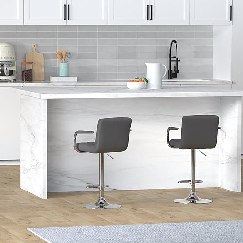 Miniatura 2 de Leopard Taburetes de bar ajustables con reposabrazos, respaldo cuadrado, doble costura giratoria con taburete trasero, juego de 2 (gris)