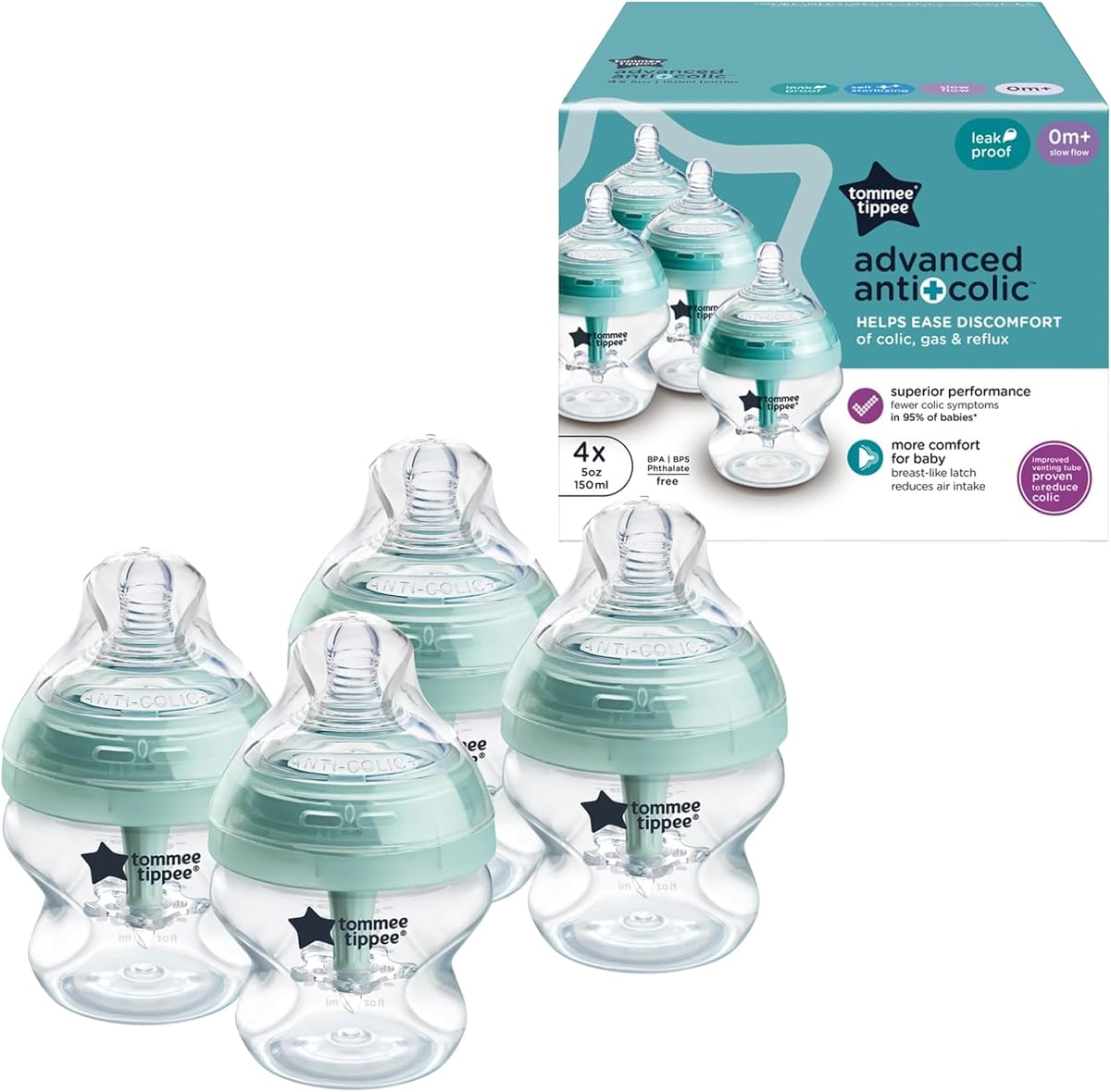 Biberones anticólicos avanzados Tommee Tippee, recién nacidos a partir de 0 meses, 5 oz | Paquete de 4, pezones similares a los senos de flujo lento, diseño único que mantiene el aire alejado de la leche, transparente, sin BPA