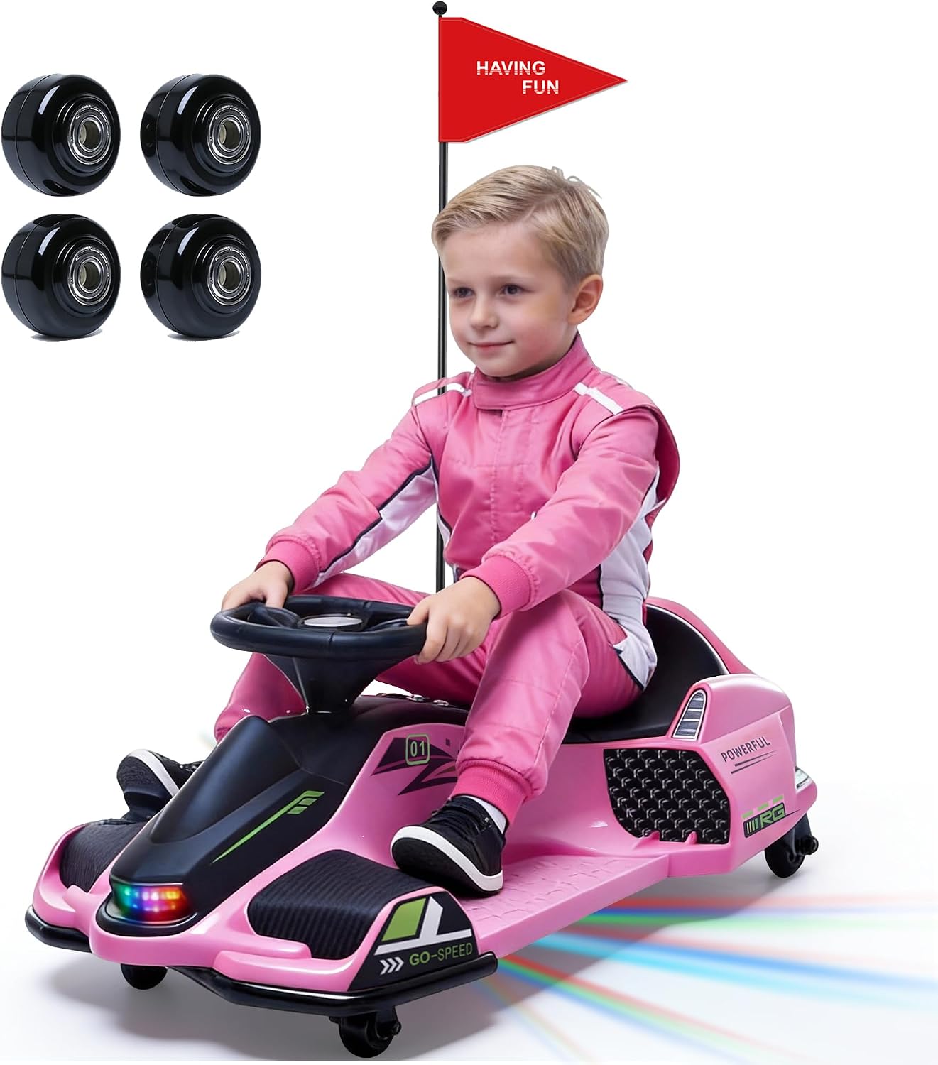MOOITZ 24V Electric Wiggle Car, 360 Degrees Rotating Ride On Drift Car with 180W Brushless Motor, High/Low Speed, Lights, Music, Bluetooth, USB, Replacement Wheels, Go Cart for Kids, Pink